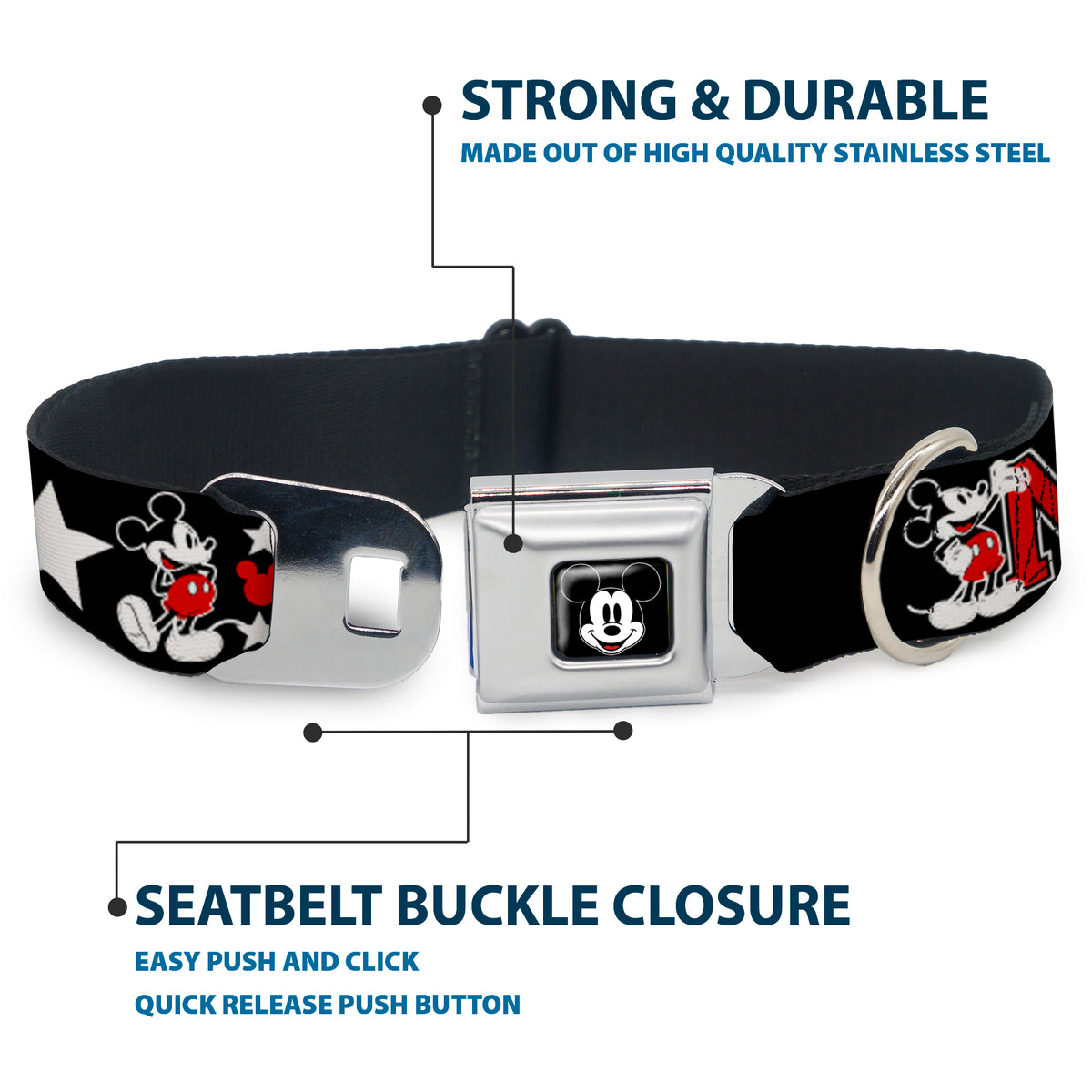 Mickey Mouse Face Full Color Black Seatbelt Buckle Collar - Classic Mickey Mouse 1928 Collage Black/White/Red Dog Collars Seatbelt Buckle Disney