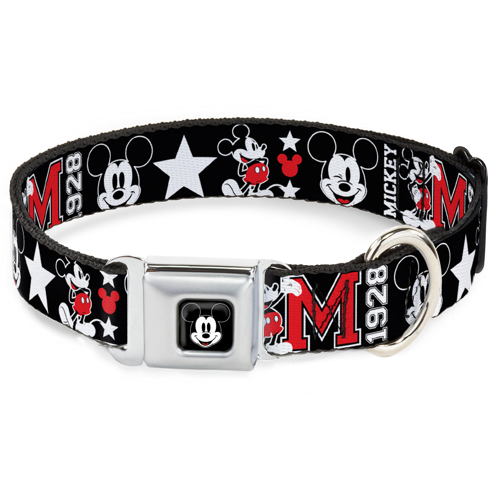 Mickey Mouse Face Full Color Black Seatbelt Buckle Collar - Classic Mickey Mouse 1928 Collage Black/White/Red Dog Collars Seatbelt Buckle Disney