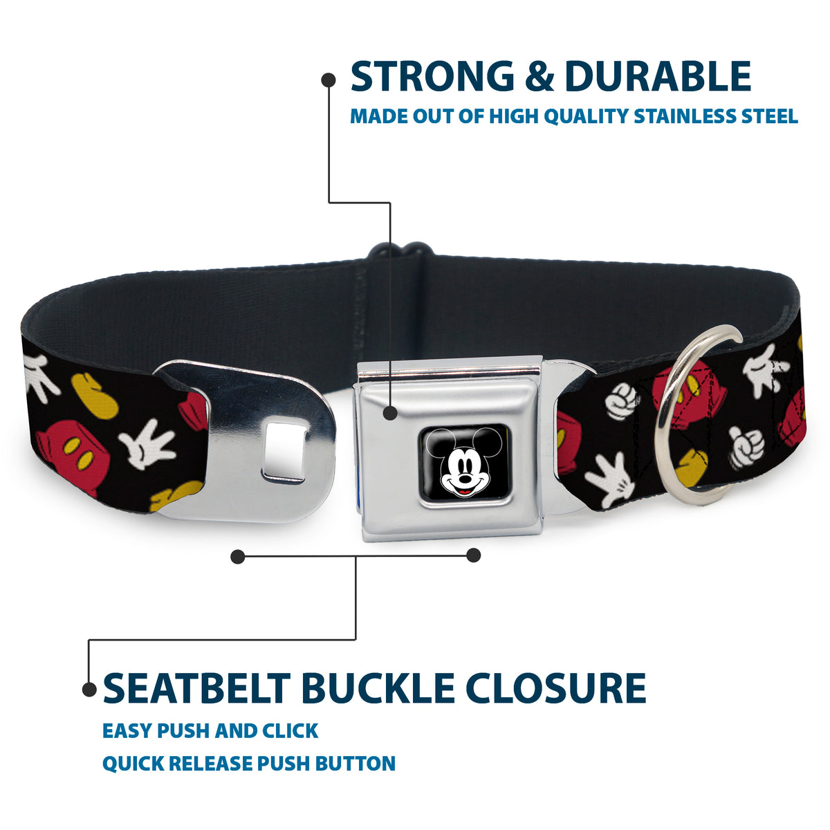 Mickey Mouse Face Full Color Black Seatbelt Buckle Collar - Mickey Mouse Costume Elements Scattered Black Dog Collars Seatbelt Buckle Disney