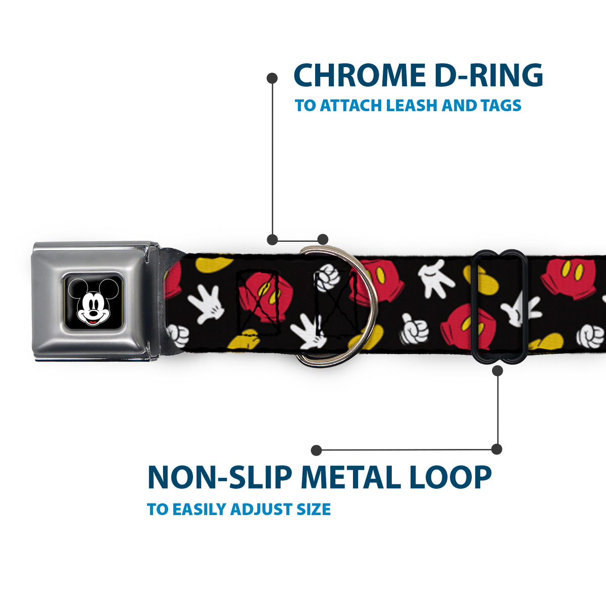 Mickey Mouse Face Full Color Black Seatbelt Buckle Collar - Mickey Mouse Costume Elements Scattered Black Dog Collars Seatbelt Buckle Disney