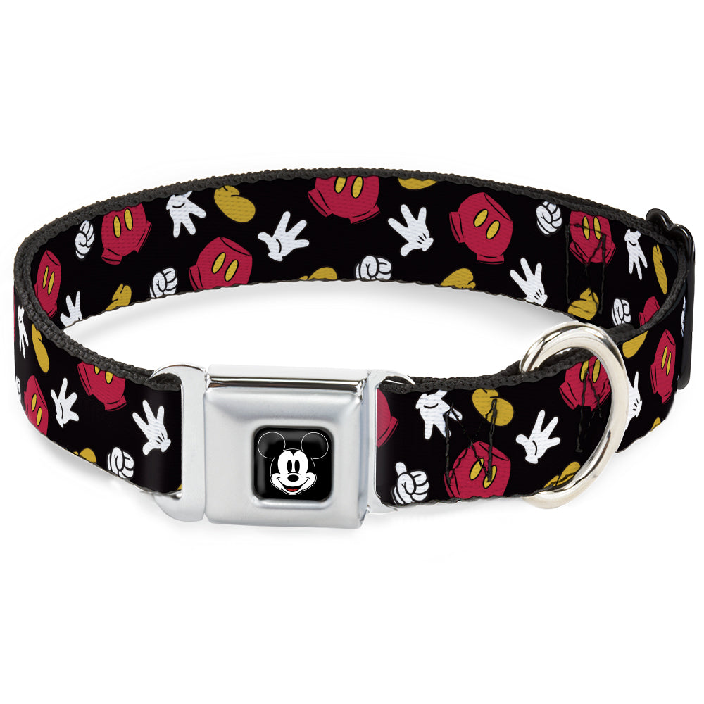 Mickey Mouse Face Full Color Black Seatbelt Buckle Collar - Mickey Mouse Costume Elements Scattered Black Dog Collars Seatbelt Buckle Disney