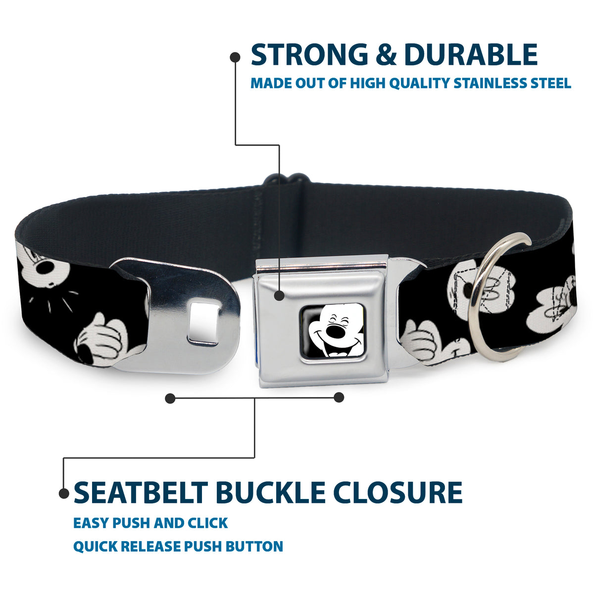 Mickey Mouse Face2 CLOSE-UP Full Color Black White Seatbelt Buckle Collar - Mickey Mouse Expressions Scattered Black/White Dog Collars Seatbelt Buckle Disney