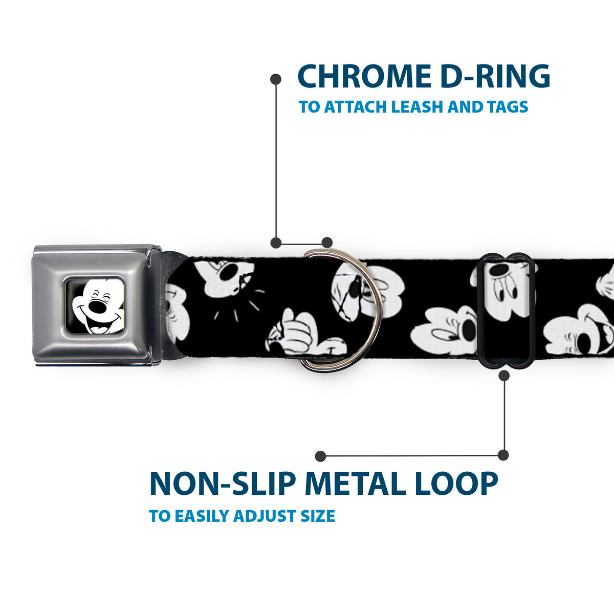 Mickey Mouse Face2 CLOSE-UP Full Color Black White Seatbelt Buckle Collar - Mickey Mouse Expressions Scattered Black/White Dog Collars Seatbelt Buckle Disney