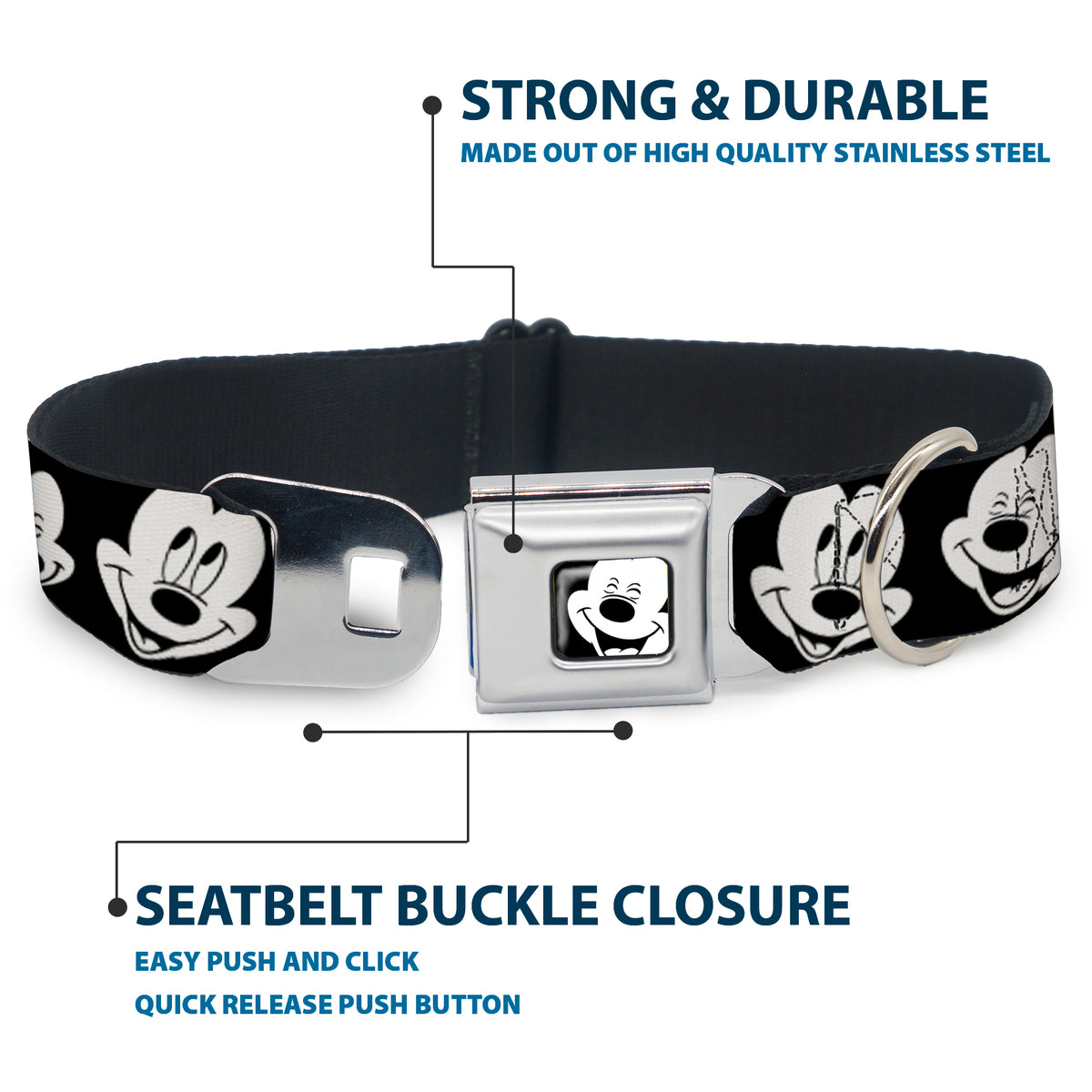 Mickey Mouse Face3 CLOSE-UP Full Color Black/White Seatbelt Buckle Collar - Mickey Mouse Expressions CLOSE-UP Black/White Dog Collars Seatbelt Buckle Disney