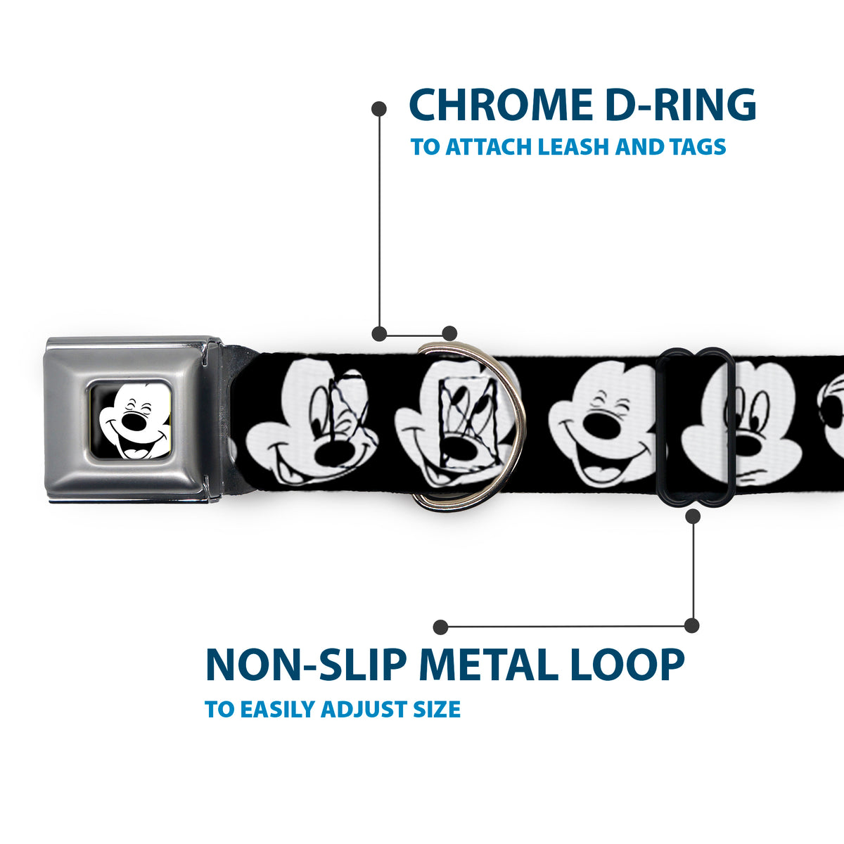 Mickey Mouse Face3 CLOSE-UP Full Color Black/White Seatbelt Buckle Collar - Mickey Mouse Expressions CLOSE-UP Black/White Dog Collars Seatbelt Buckle Disney