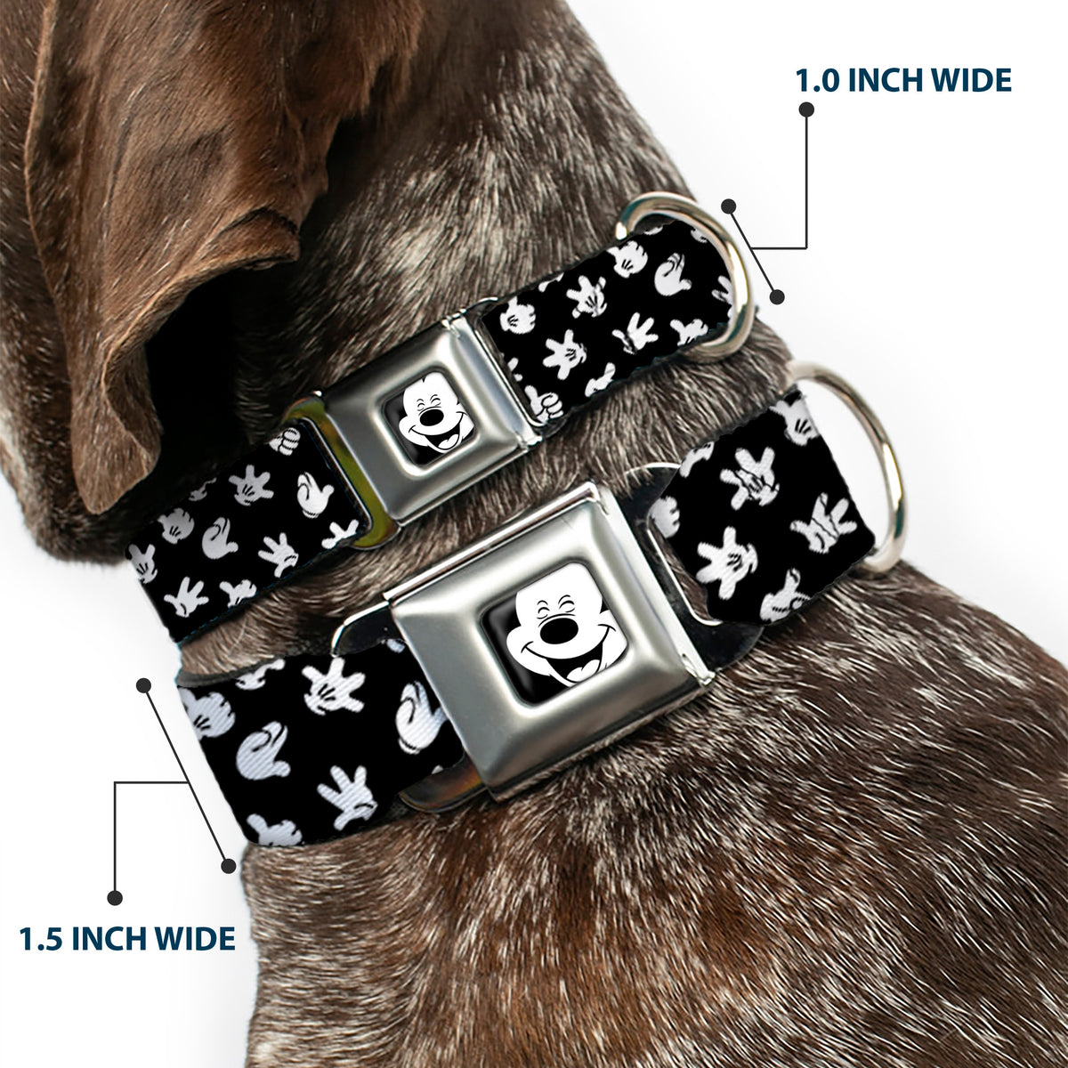 Mickey Mouse Face3 CLOSE-UP Full Color Black/White Seatbelt Buckle Collar - Mickey Mouse Hand Gestures Scattered Black/White Dog Collars Seatbelt Buckle Disney