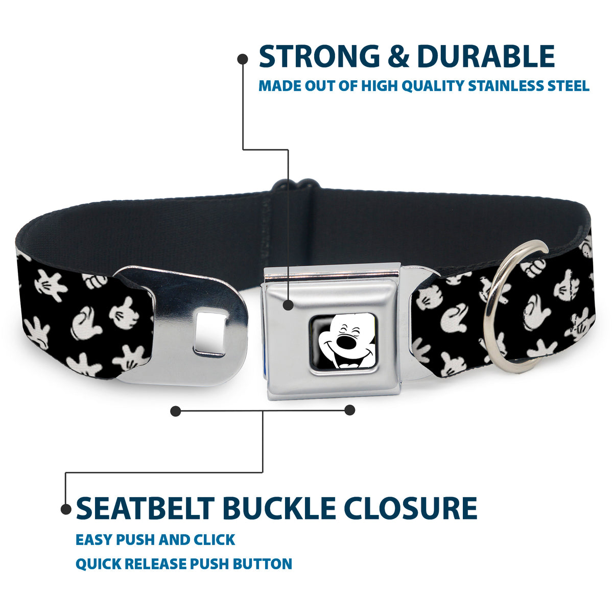 Mickey Mouse Face3 CLOSE-UP Full Color Black/White Seatbelt Buckle Collar - Mickey Mouse Hand Gestures Scattered Black/White Dog Collars Seatbelt Buckle Disney