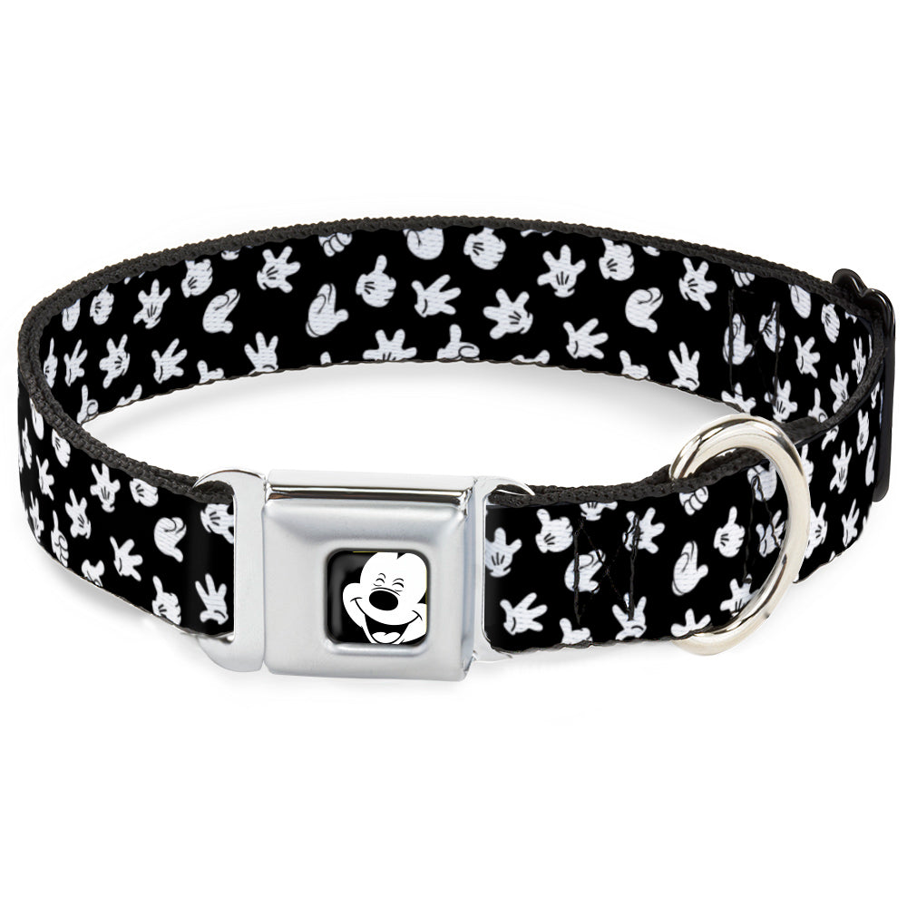Mickey Mouse Face3 CLOSE-UP Full Color Black/White Seatbelt Buckle Collar - Mickey Mouse Hand Gestures Scattered Black/White Dog Collars Seatbelt Buckle Disney