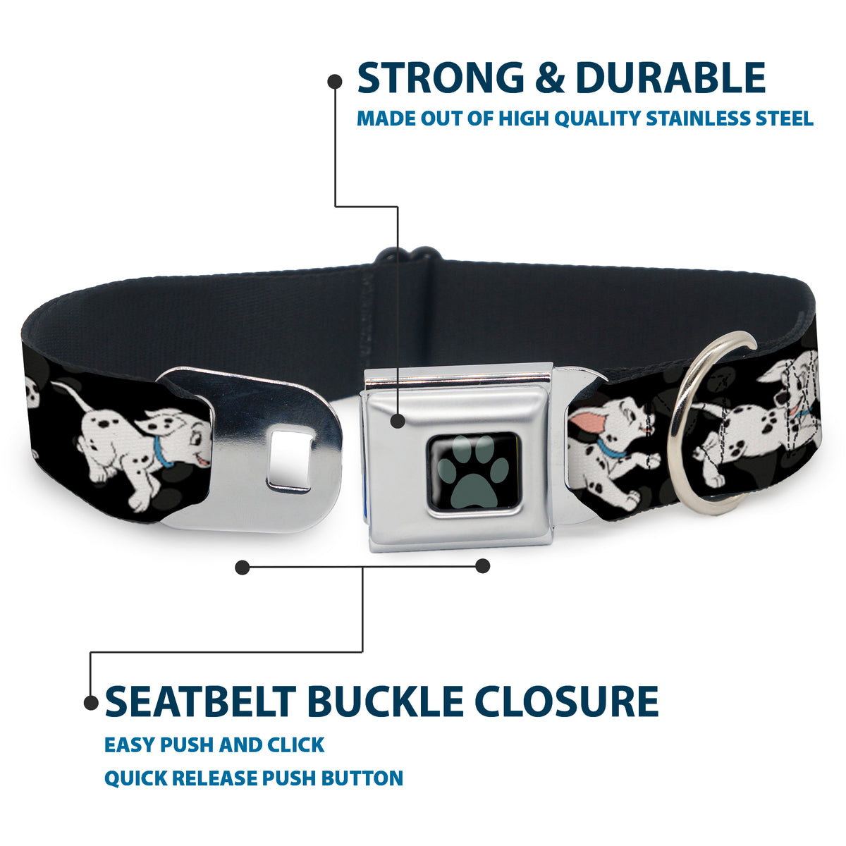Dalmatian Paw Full Color Black Gray Seatbelt Buckle Collar - Dalmatians Running/Paws Black/Gray/White/Black Dog Collars Seatbelt Buckle Disney