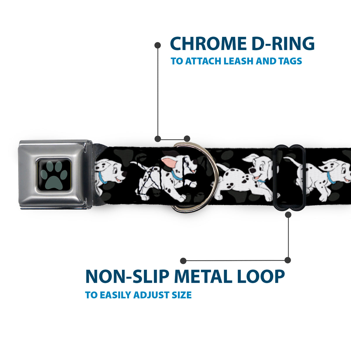 Dalmatian Paw Full Color Black Gray Seatbelt Buckle Collar - Dalmatians Running/Paws Black/Gray/White/Black Dog Collars Seatbelt Buckle Disney