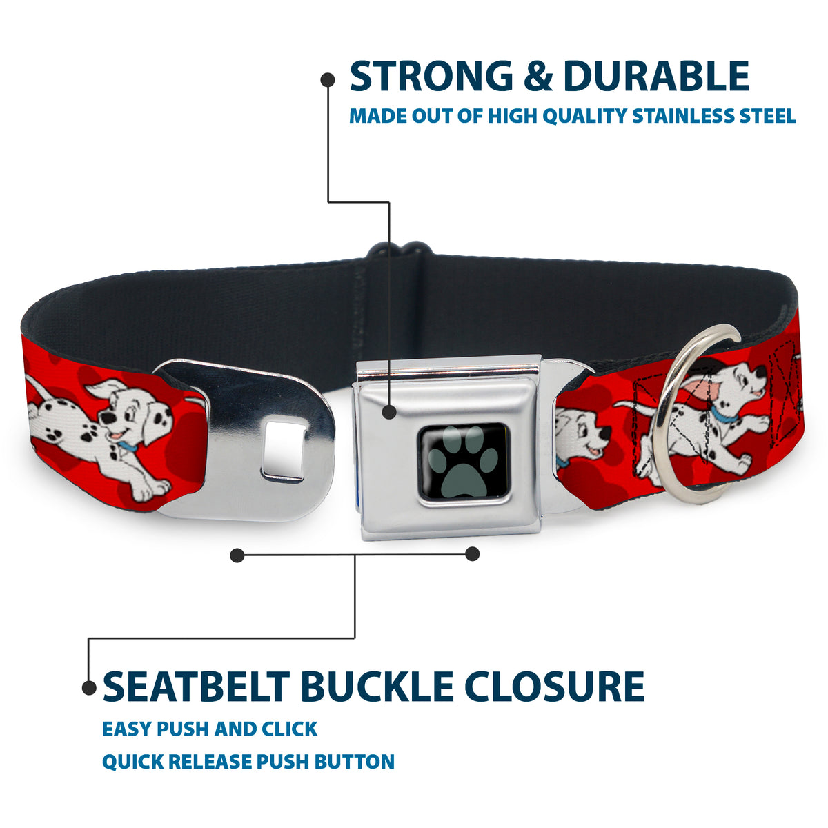 Dalmatian Paw Full Color Black Gray Seatbelt Buckle Collar - Dalmatians Running/Paws Reds/White/Black Dog Collars Seatbelt Buckle Disney