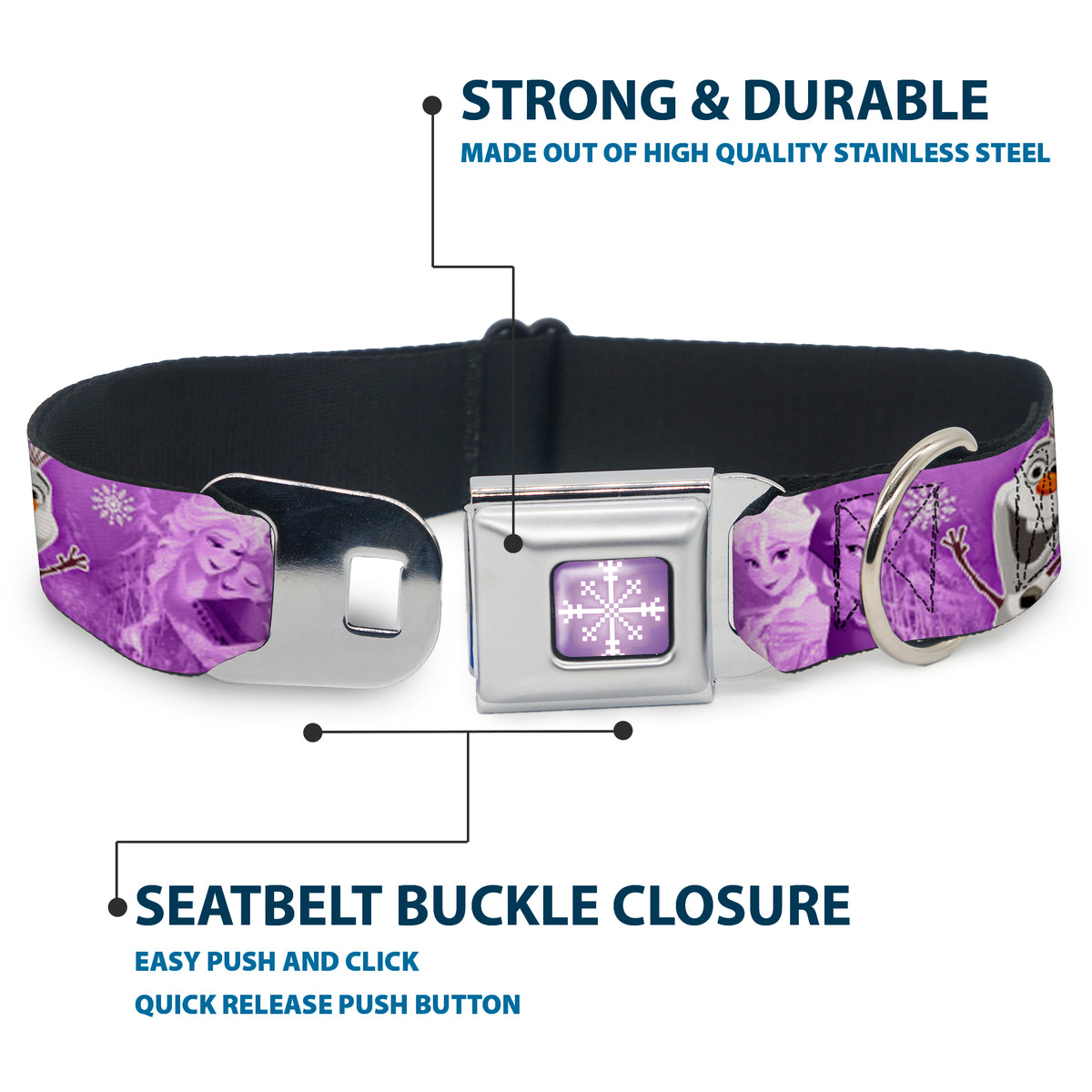 Snowflake Full Color Purple White Seatbelt Buckle Collar - Frozen Anna/Elsa/Olaf Poses/Scenes Purples Dog Collars Seatbelt Buckle Disney
