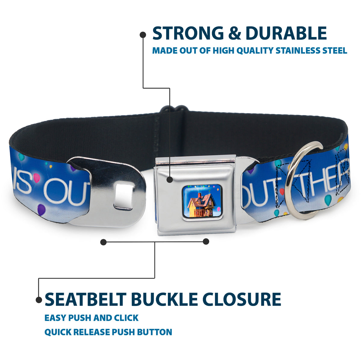 Flying House w/Balloons Full Color Seatbelt Buckle Collar - ADVENTURE IS OUT THERE/Carl on Porch/Flying House/Balloons Blues/White/Multi Color Dog Collars Seatbelt Buckle Disney