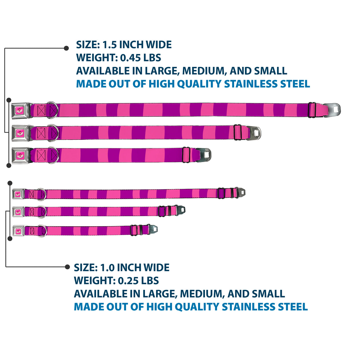 Cheshire Cat Face Full Color Pink Seatbelt Buckle Collar - Cheshire Cat Stripe Pink/Purple Dog Collars Seatbelt Buckle Disney