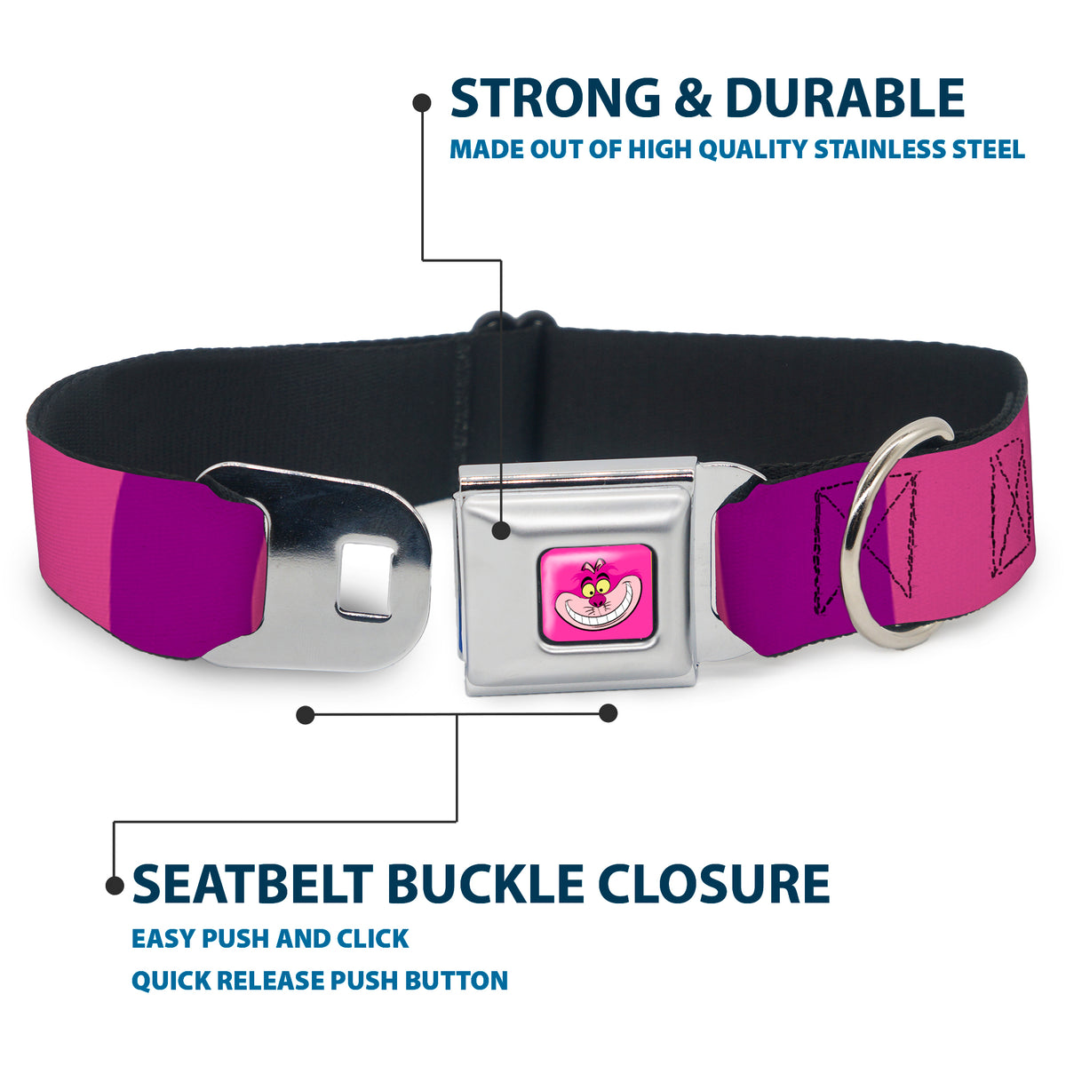 Cheshire Cat Face Full Color Pink Seatbelt Buckle Collar - Cheshire Cat Stripe Pink/Purple Dog Collars Seatbelt Buckle Disney