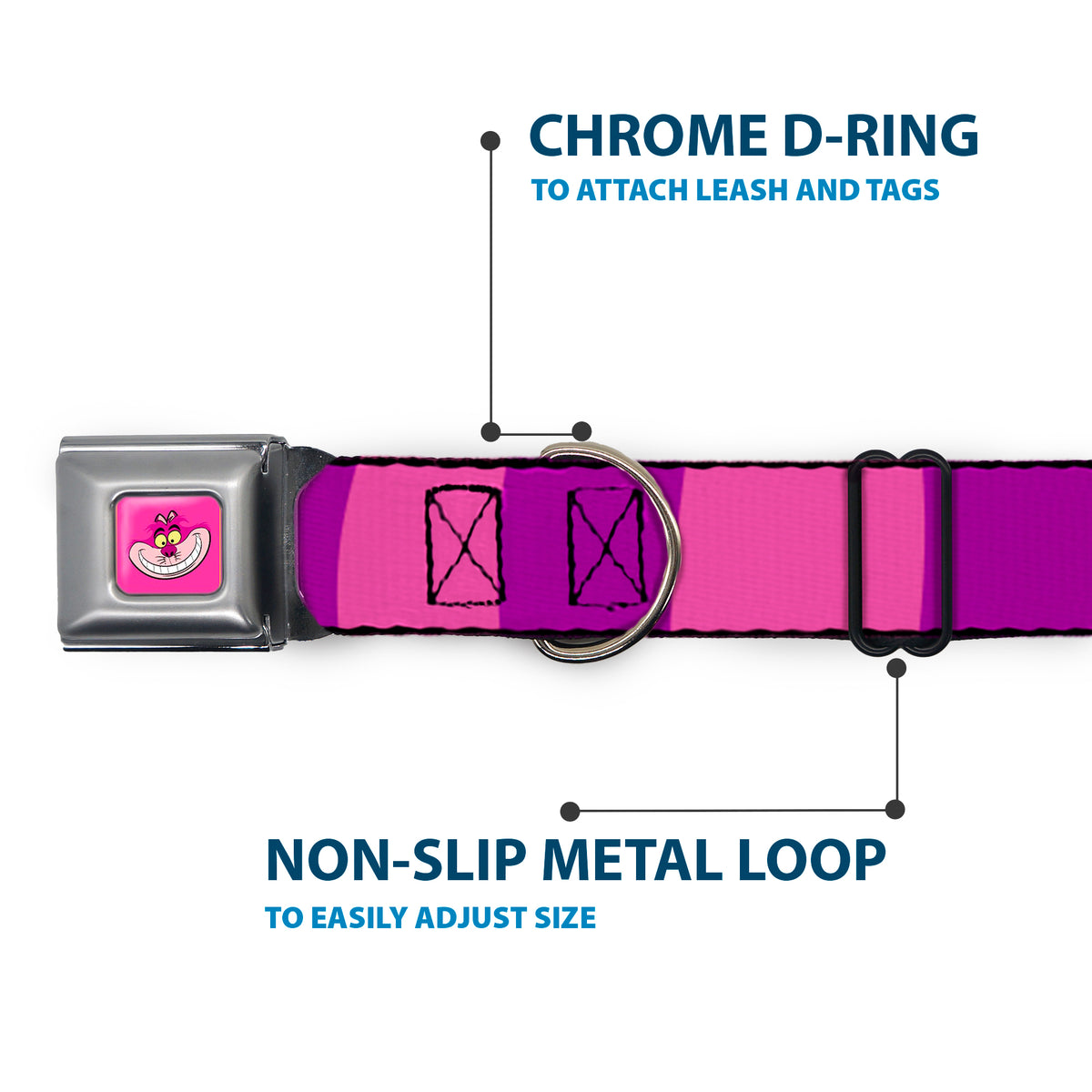 Cheshire Cat Face Full Color Pink Seatbelt Buckle Collar - Cheshire Cat Stripe Pink/Purple Dog Collars Seatbelt Buckle Disney