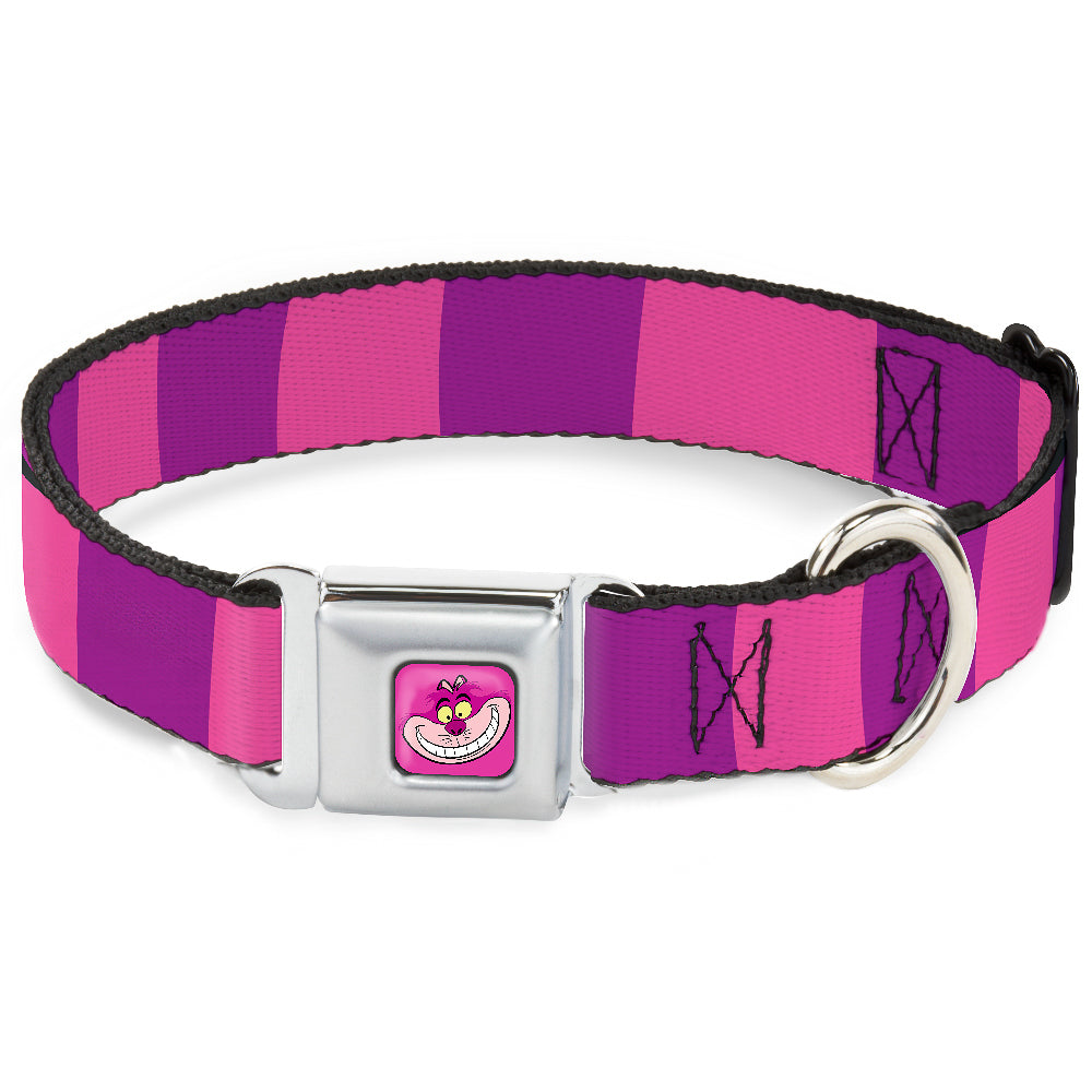 Cheshire Cat Face Full Color Pink Seatbelt Buckle Collar - Cheshire Cat Stripe Pink/Purple Dog Collars Seatbelt Buckle Disney
