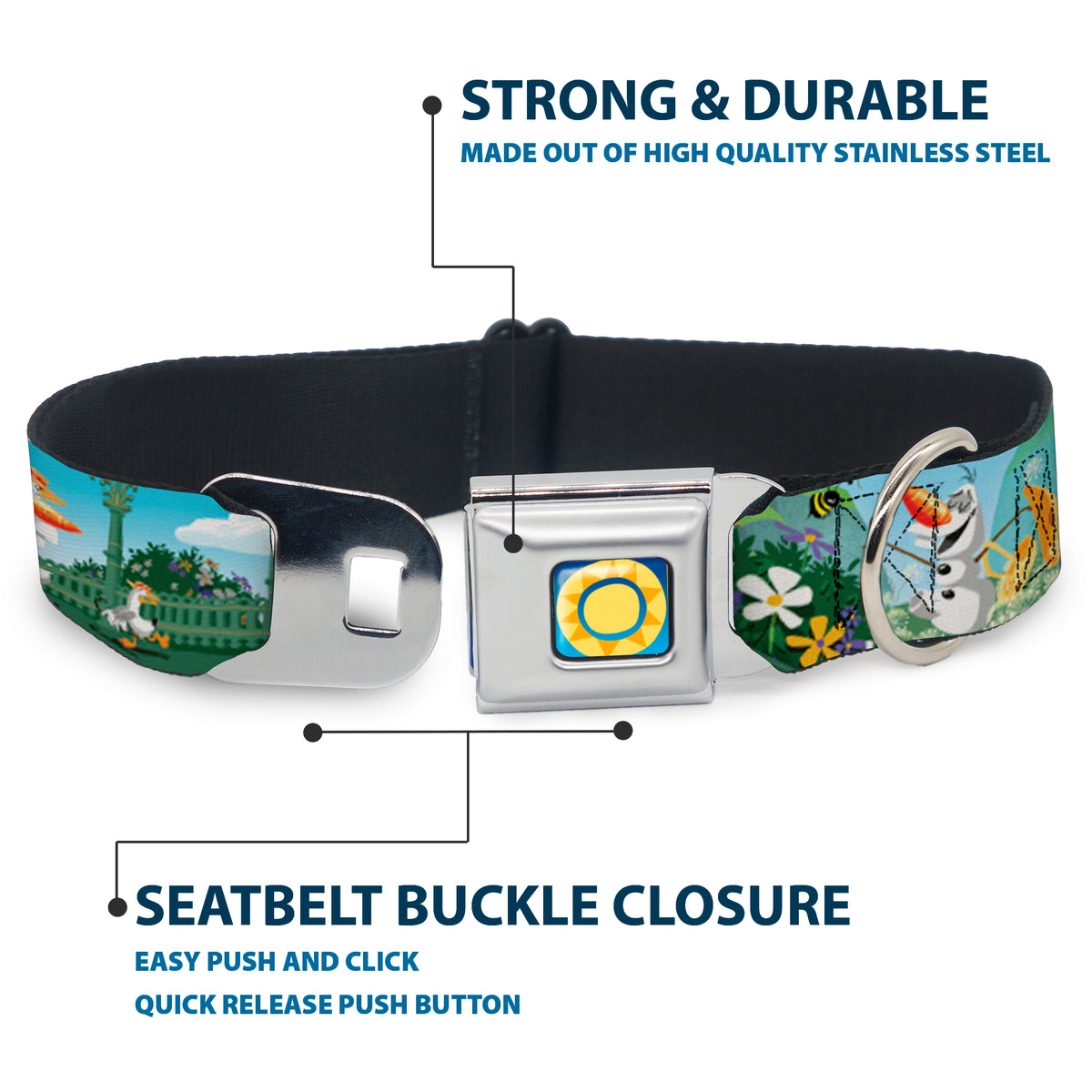 Frozen Sun2 Royal Full Color Blue/Yellows Seatbelt Buckle Collar - Olaf Garden Scenes Dog Collars Seatbelt Buckle Disney