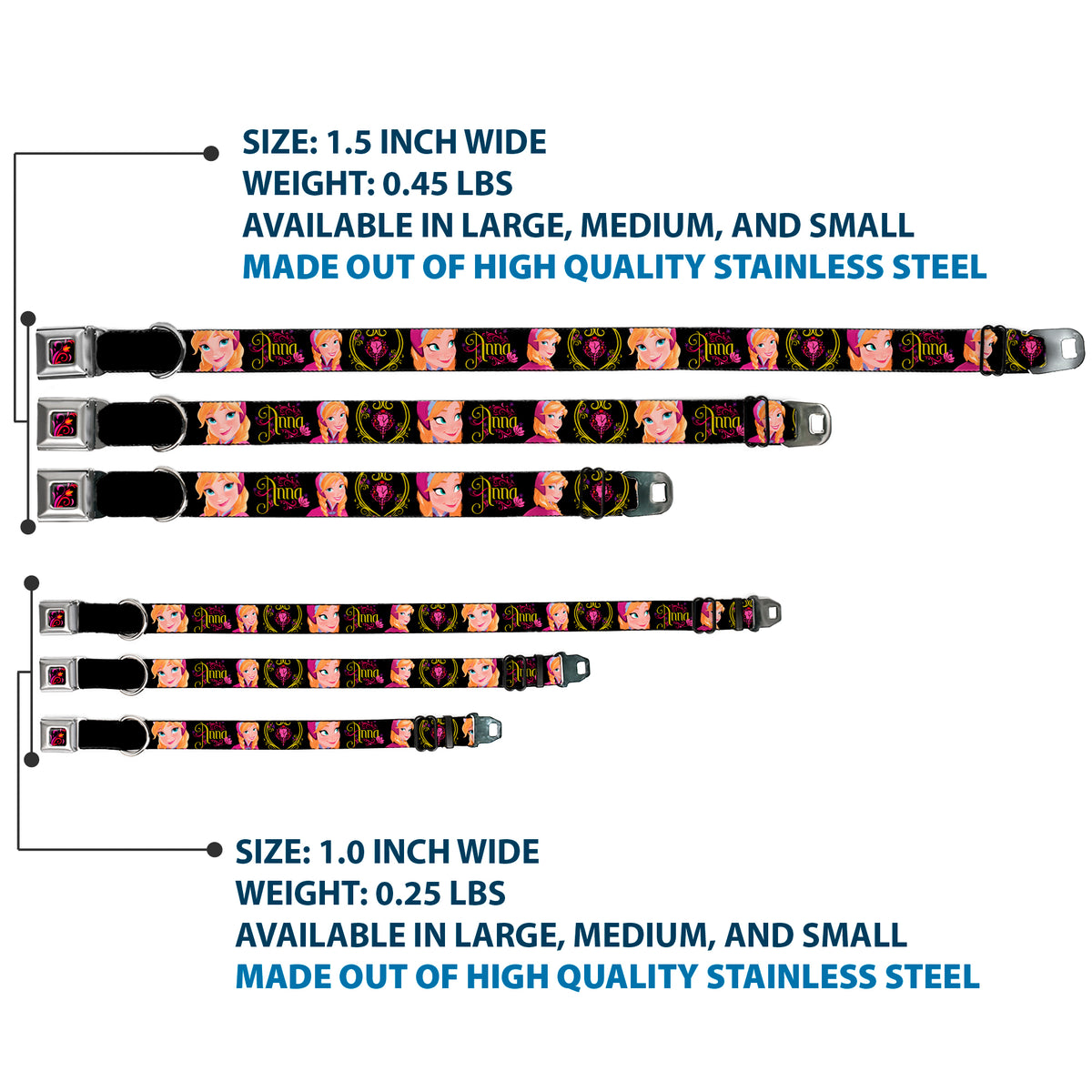 Dog Collar DYFV-Frozen Tulip Full Color Black/Pink/Red/Orange - ANNA Poses/Anna Monogram Heart Cameo Pinks/Yellow - WIDE-Medium Dog Collars Seatbelt Buckle Disney
