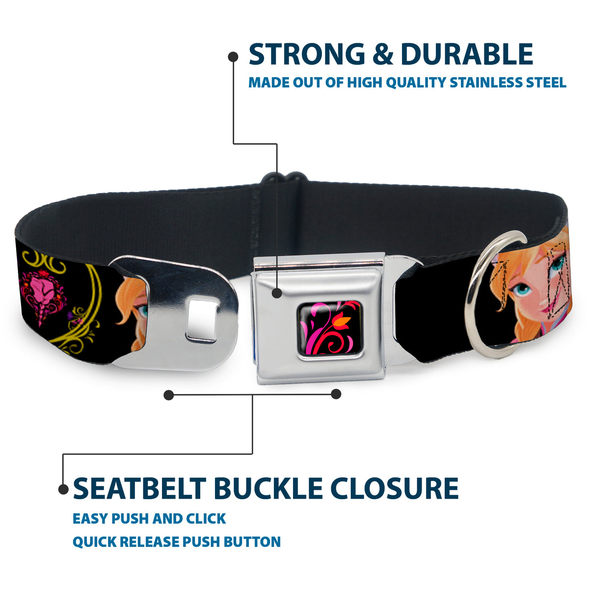 Dog Collar DYFV-Frozen Tulip Full Color Black/Pink/Red/Orange - ANNA Poses/Anna Monogram Heart Cameo Pinks/Yellow - WIDE-Medium Dog Collars Seatbelt Buckle Disney