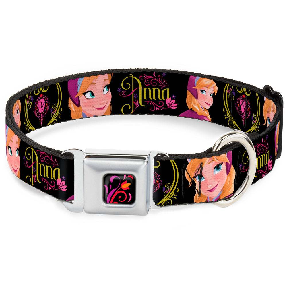 Dog Collar DYFV-Frozen Tulip Full Color Black/Pink/Red/Orange - ANNA Poses/Anna Monogram Heart Cameo Pinks/Yellow - WIDE-Medium Dog Collars Seatbelt Buckle Disney