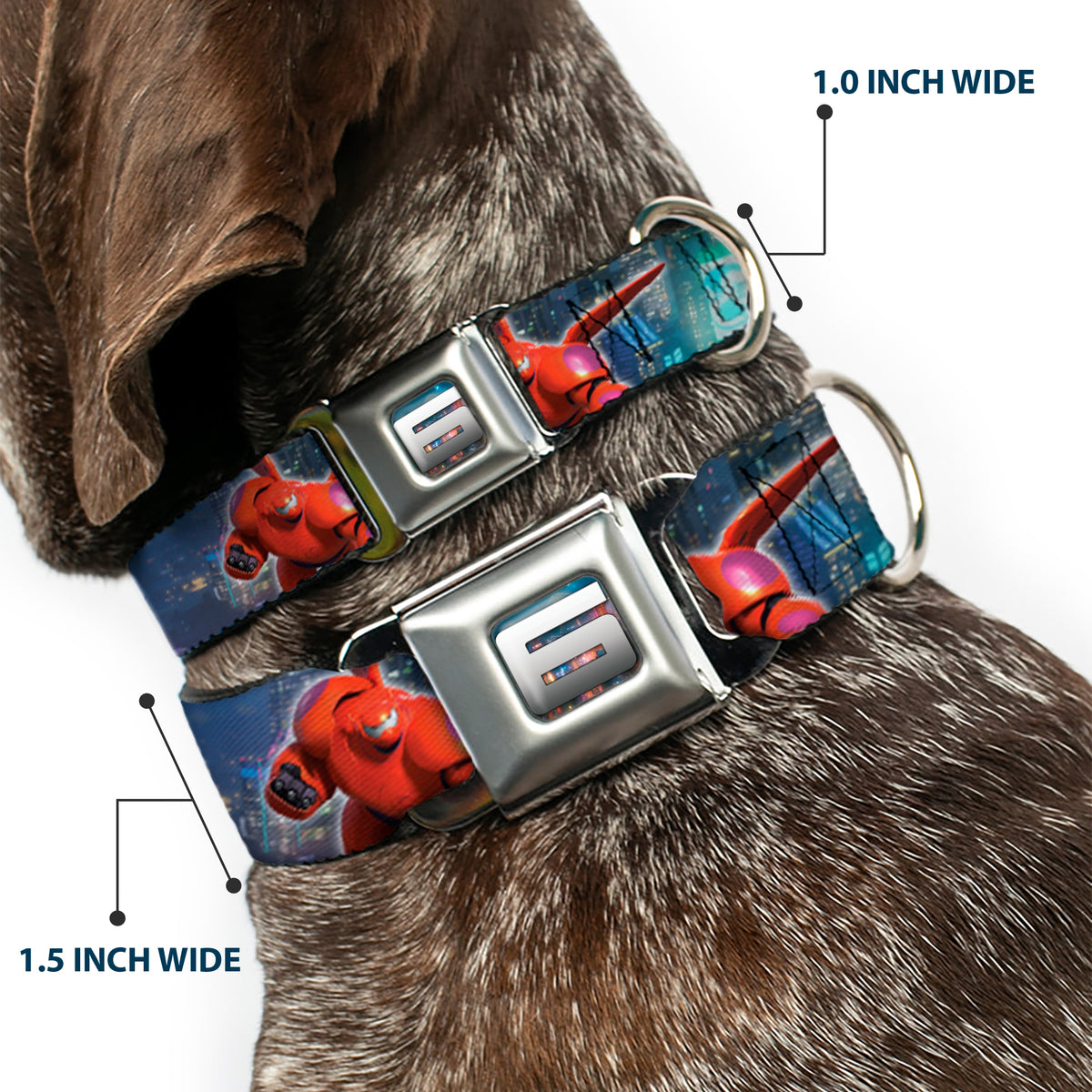 Big Hero "6" Name Blocks Full Color Black Gray White Seatbelt Buckle Collar - Hiro & Baymax Action Poses/San Fransokyo Dog Collars Seatbelt Buckle Disney