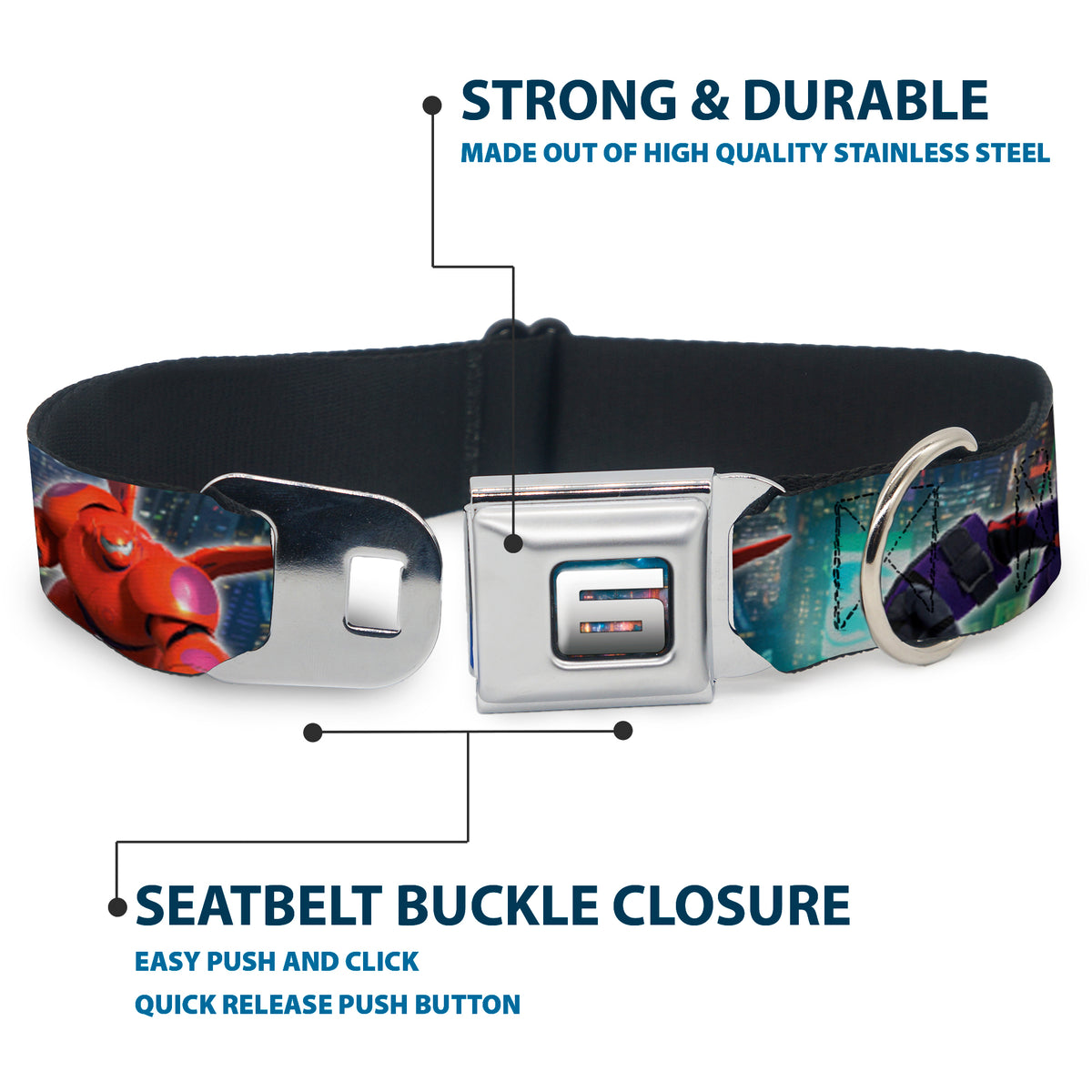 Big Hero "6" Name Blocks Full Color Black Gray White Seatbelt Buckle Collar - Hiro & Baymax Action Poses/San Fransokyo Dog Collars Seatbelt Buckle Disney