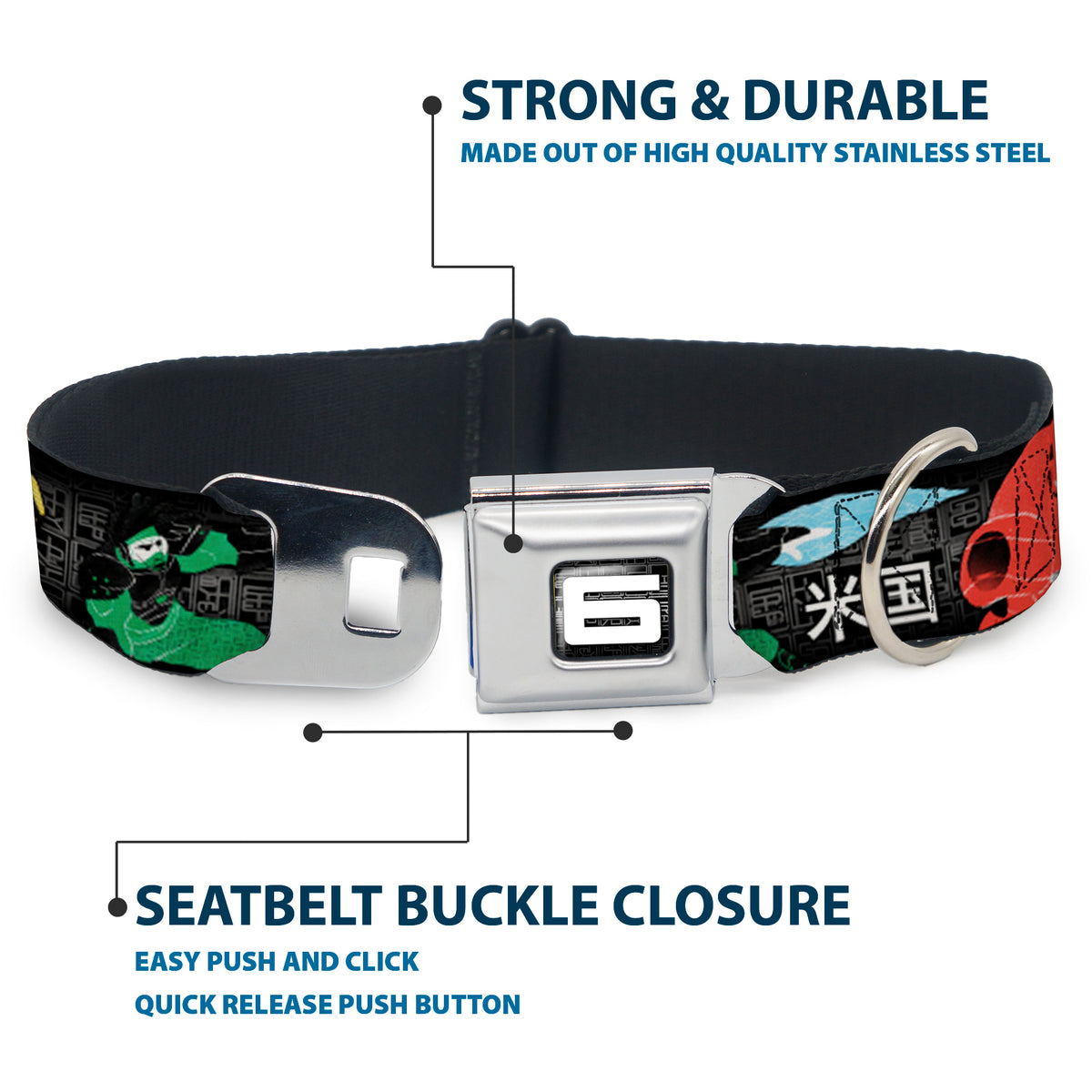 Big Hero "6" Name Blocks Full Color Black Gray White Seatbelt Buckle Collar - Big Hero 6 Group Action Pose/Name Blocks Black/Gray/Multi Color Dog Collars Seatbelt Buckle Disney