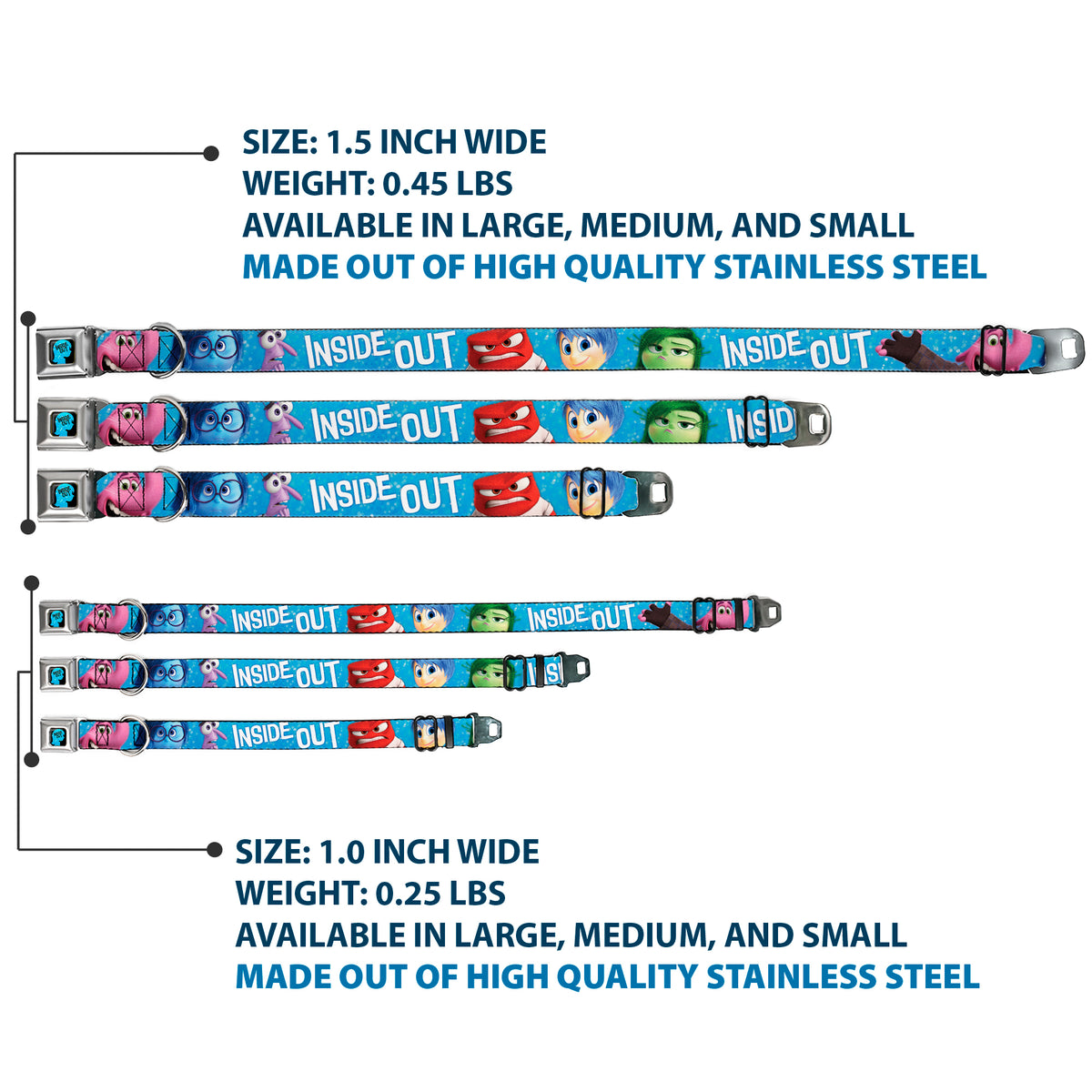 INSIDE OUT/Riley Silhouette Full Color Black/Sparkle Blue Seatbelt Buckle Collar - INSIDE OUT 6-Character Pose Sparkle Blue/White Dog Collars Seatbelt Buckle Disney