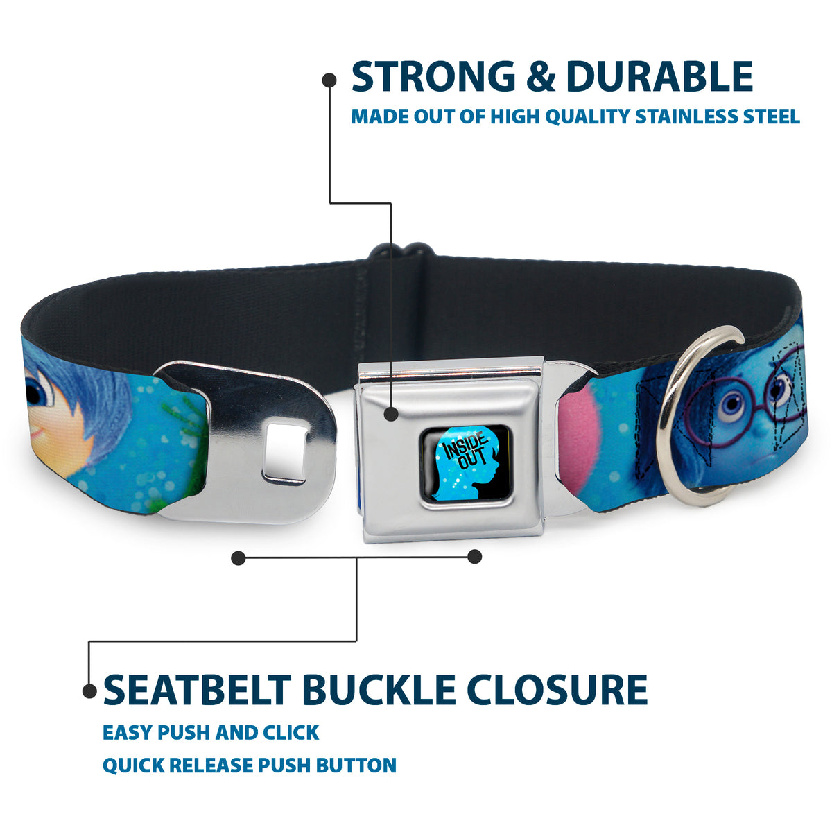 INSIDE OUT/Riley Silhouette Full Color Black/Sparkle Blue Seatbelt Buckle Collar - INSIDE OUT 6-Character Pose Sparkle Blue/White Dog Collars Seatbelt Buckle Disney