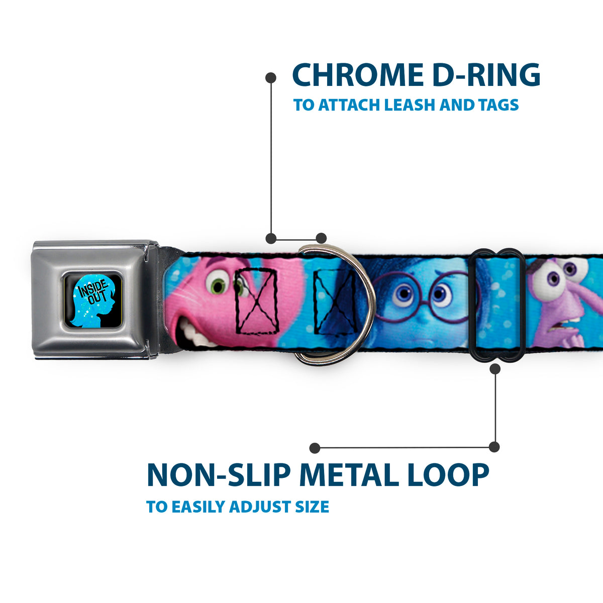 INSIDE OUT/Riley Silhouette Full Color Black/Sparkle Blue Seatbelt Buckle Collar - INSIDE OUT 6-Character Pose Sparkle Blue/White Dog Collars Seatbelt Buckle Disney