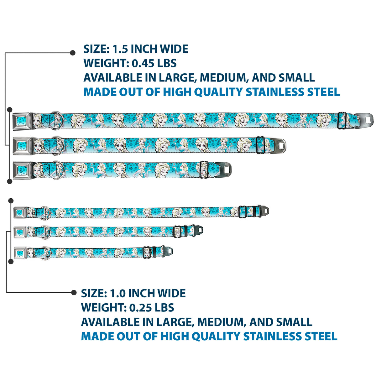 Snowflakes Frozen Art Collection Full Color Blues/White Seatbelt Buckle Collar - Anna/Snowflakes Frozen Art Collection Poses Dog Collars Seatbelt Buckle Disney