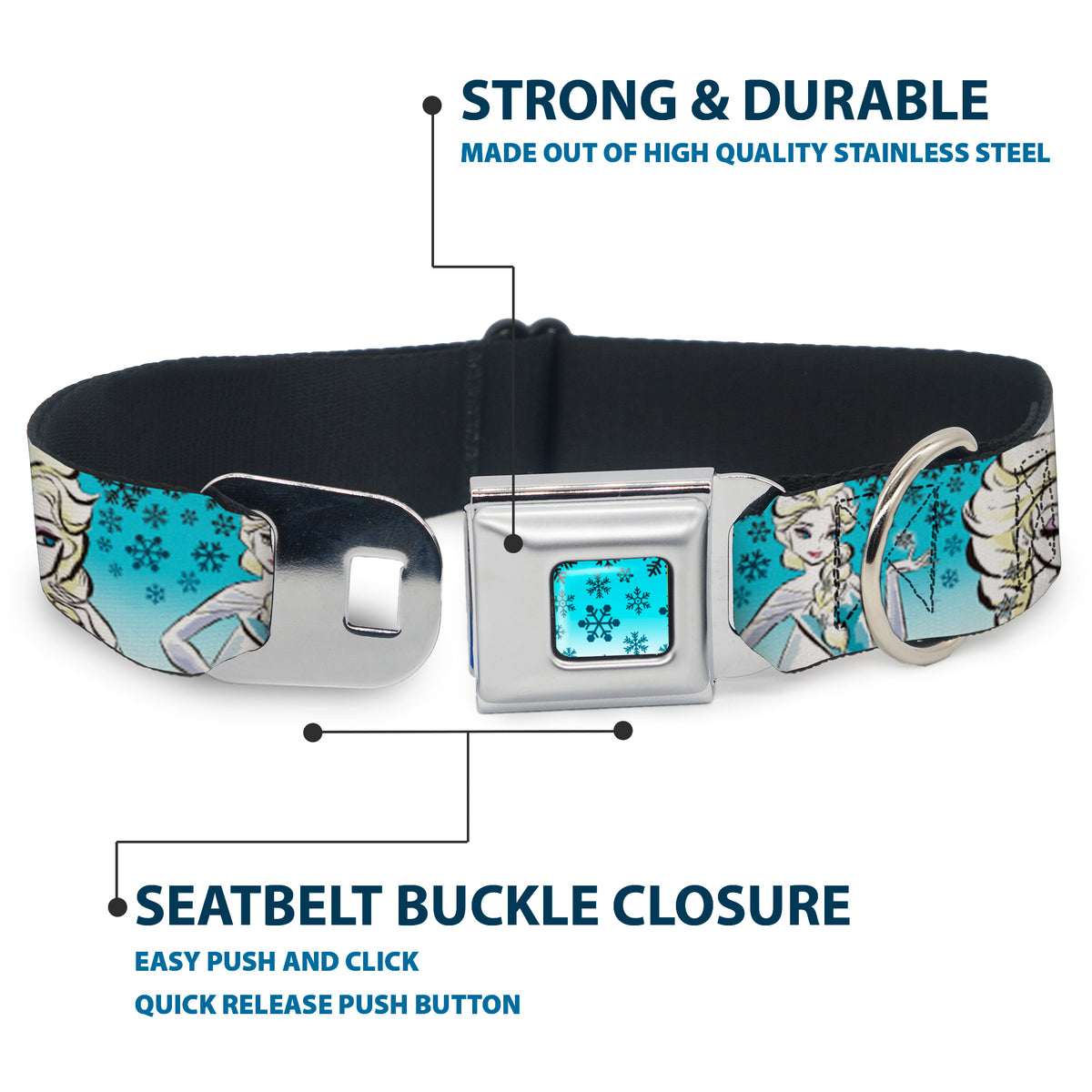 Snowflakes Frozen Art Collection Full Color Blues/White Seatbelt Buckle Collar - Anna/Snowflakes Frozen Art Collection Poses Dog Collars Seatbelt Buckle Disney