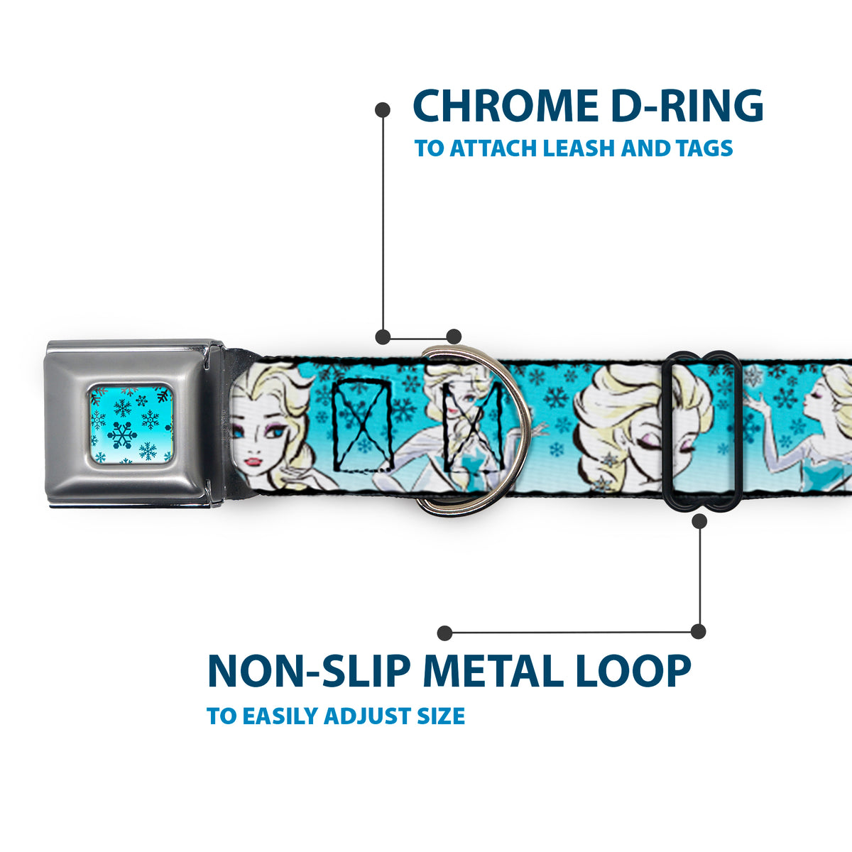 Snowflakes Frozen Art Collection Full Color Blues/White Seatbelt Buckle Collar - Anna/Snowflakes Frozen Art Collection Poses Dog Collars Seatbelt Buckle Disney