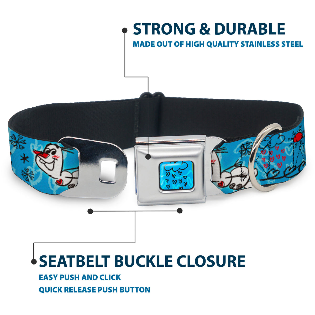 Frozen Cloud/Heart Raindrop Sketch Full Color Blues/Black Seatbelt Buckle Collar - Olaf Heart Raindrop Sketch Blues/Black Dog Collars Seatbelt Buckle Disney