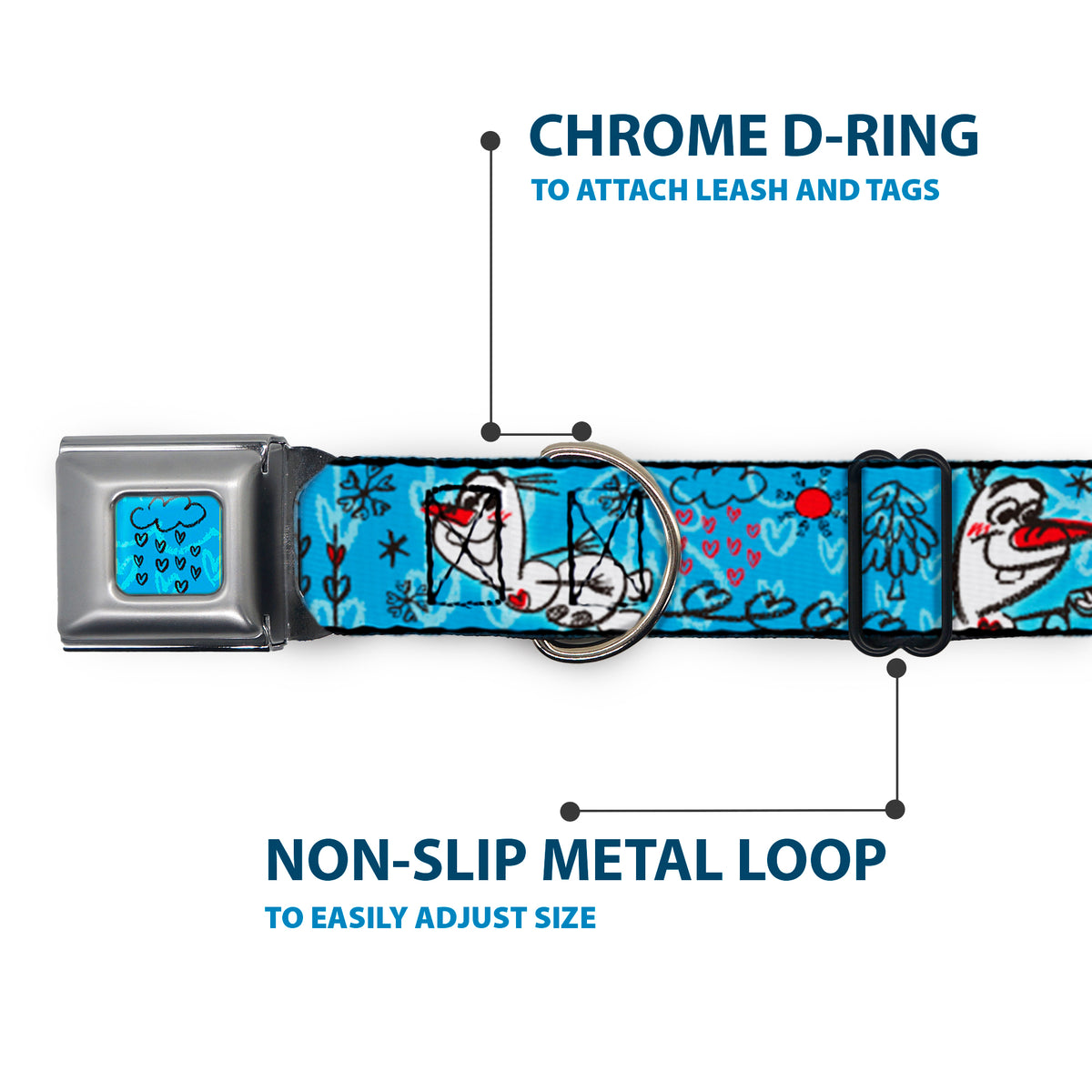 Frozen Cloud/Heart Raindrop Sketch Full Color Blues/Black Seatbelt Buckle Collar - Olaf Heart Raindrop Sketch Blues/Black Dog Collars Seatbelt Buckle Disney