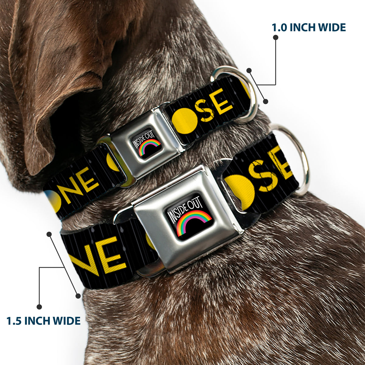 INSIDE OUT Rainbow Full Color Black/White/Multi Color Seatbelt Buckle Collar - Joy Poses/Rain ONE OF THOSE DAYS Black/Gray/Blues/Yellow Dog Collars Seatbelt Buckle Disney