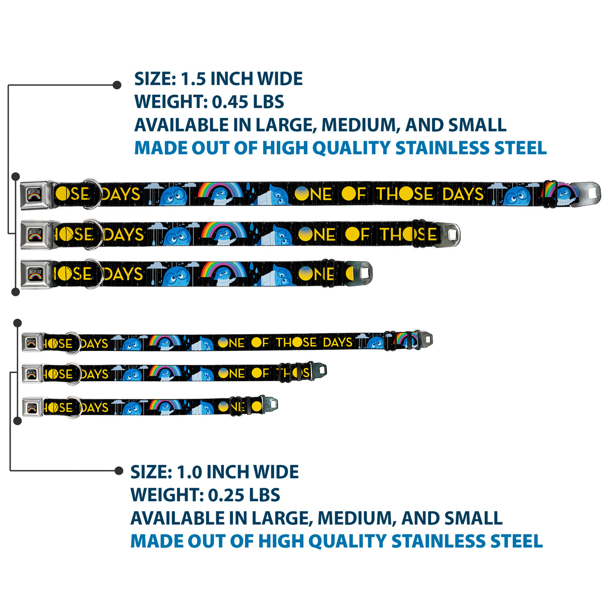 INSIDE OUT Rainbow Full Color Black/White/Multi Color Seatbelt Buckle Collar - Joy Poses/Rain ONE OF THOSE DAYS Black/Gray/Blues/Yellow Dog Collars Seatbelt Buckle Disney