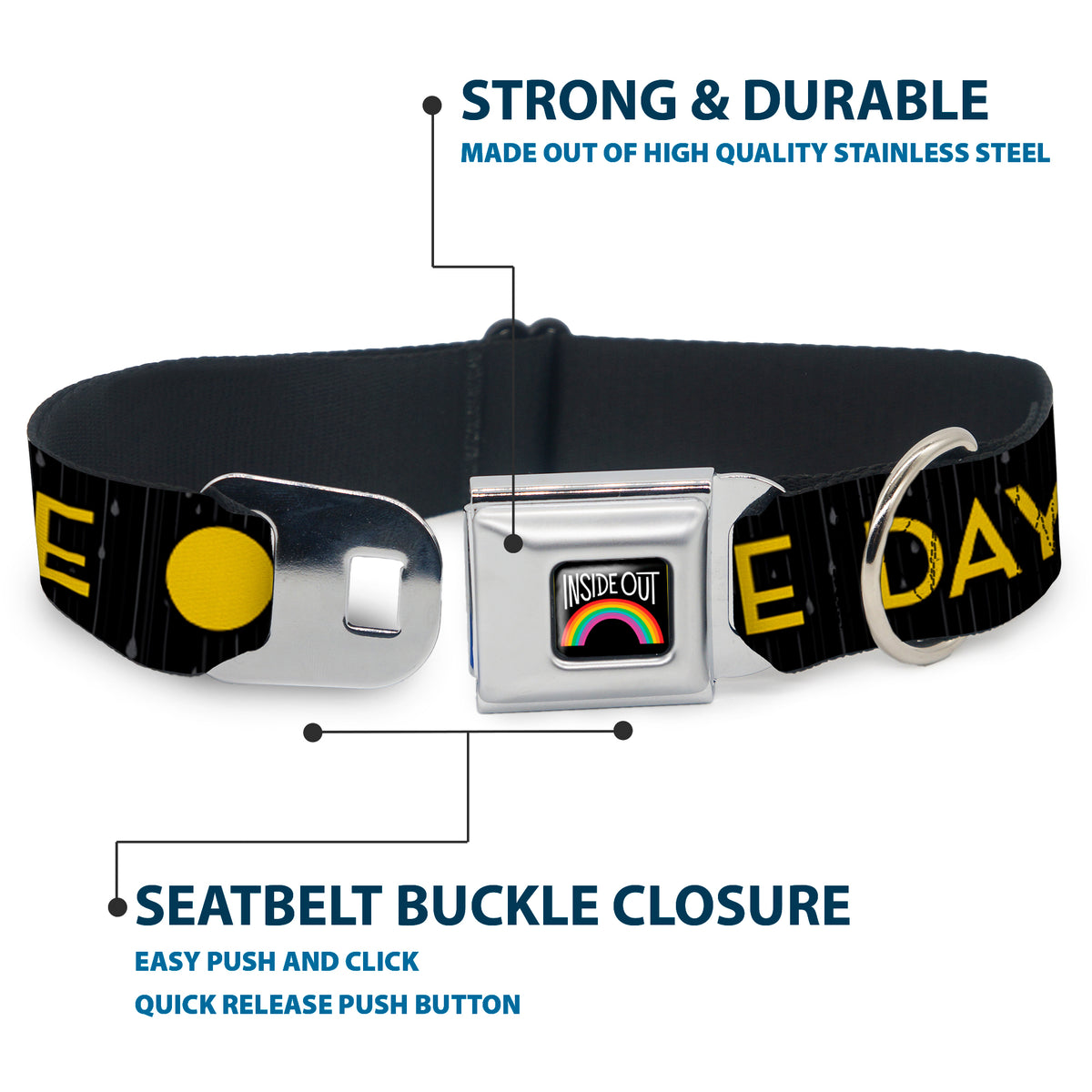INSIDE OUT Rainbow Full Color Black/White/Multi Color Seatbelt Buckle Collar - Joy Poses/Rain ONE OF THOSE DAYS Black/Gray/Blues/Yellow Dog Collars Seatbelt Buckle Disney
