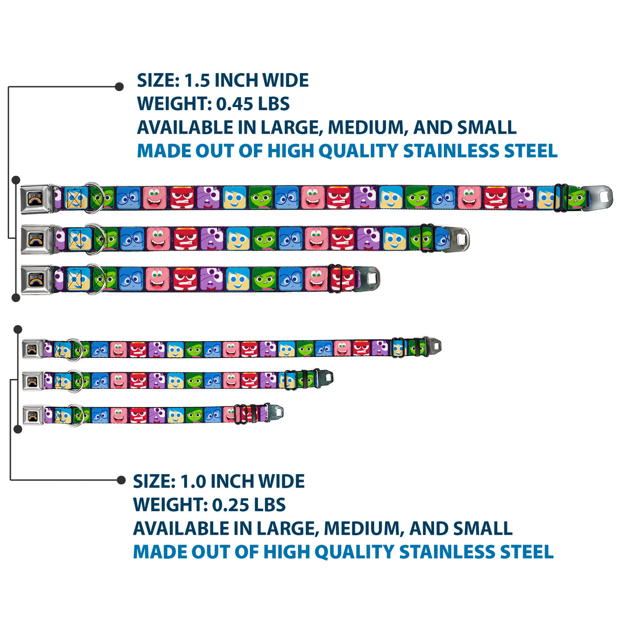 INSIDE OUT Rainbow Full Color Black White Multi Color Seatbelt Buckle Collar - Inside Out 6-Character Esxpression Blocks Purple/Multi Color Dog Collars Seatbelt Buckle Disney