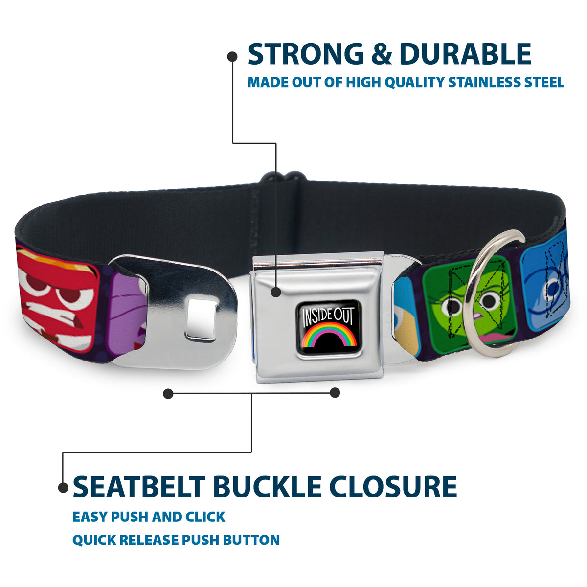 INSIDE OUT Rainbow Full Color Black White Multi Color Seatbelt Buckle Collar - Inside Out 6-Character Esxpression Blocks Purple/Multi Color Dog Collars Seatbelt Buckle Disney