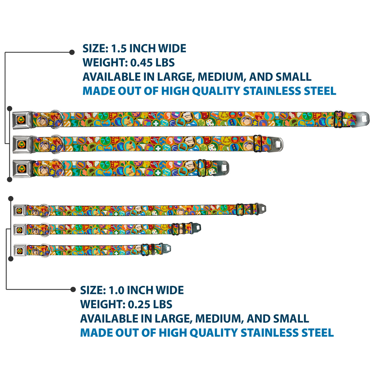 WE Wilderness Explorers Badge Full Color Black Seatbelt Buckle Collar - Stacked Wilderness Explorers Badges Dog Collars Seatbelt Buckle Disney