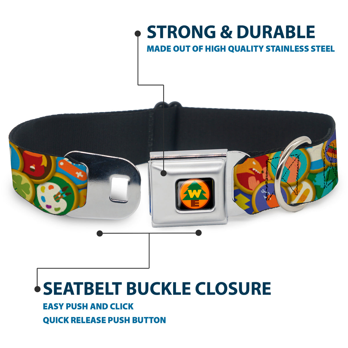 WE Wilderness Explorers Badge Full Color Black Seatbelt Buckle Collar - Stacked Wilderness Explorers Badges Dog Collars Seatbelt Buckle Disney
