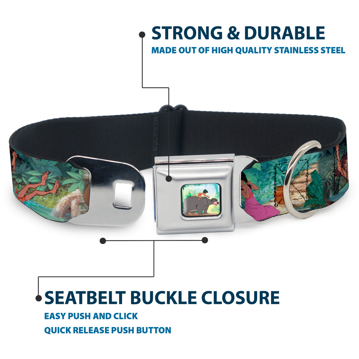 Mowgli Riding Baloo Full Color Seatbelt Buckle Collar - The Jungle Book Scenes Dog Collars Seatbelt Buckle Disney