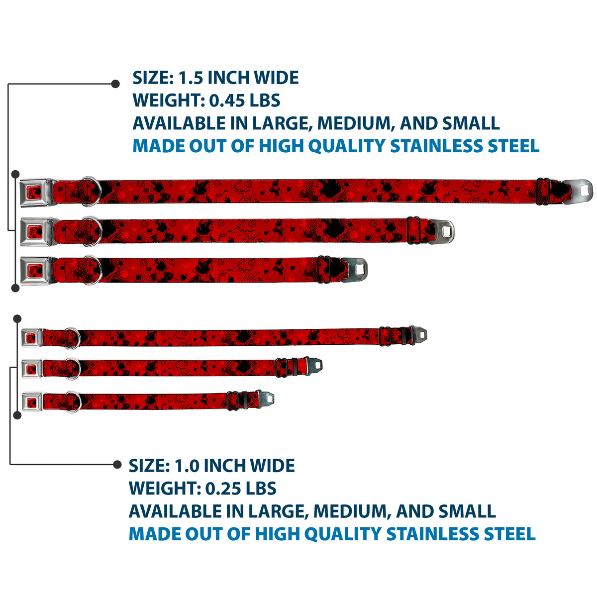 Snow White & Apple Full Color Reds/Black Seatbelt Buckle Collar - SNOW WHITE Poses/Apple Halftone Reds/Black Dog Collars Seatbelt Buckle Disney