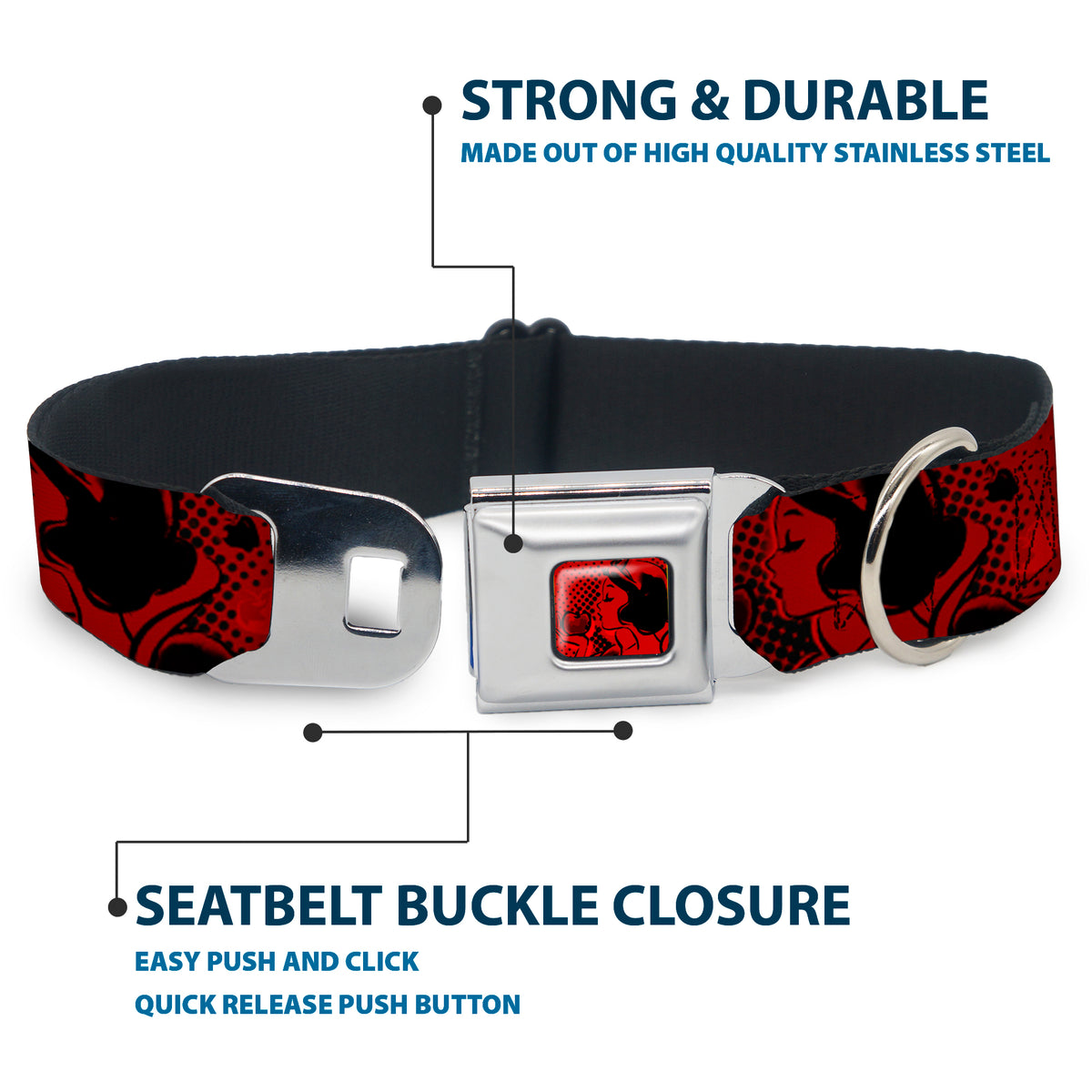 Snow White & Apple Full Color Reds/Black Seatbelt Buckle Collar - SNOW WHITE Poses/Apple Halftone Reds/Black Dog Collars Seatbelt Buckle Disney
