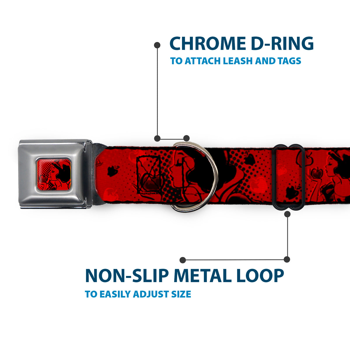 Snow White & Apple Full Color Reds/Black Seatbelt Buckle Collar - SNOW WHITE Poses/Apple Halftone Reds/Black Dog Collars Seatbelt Buckle Disney