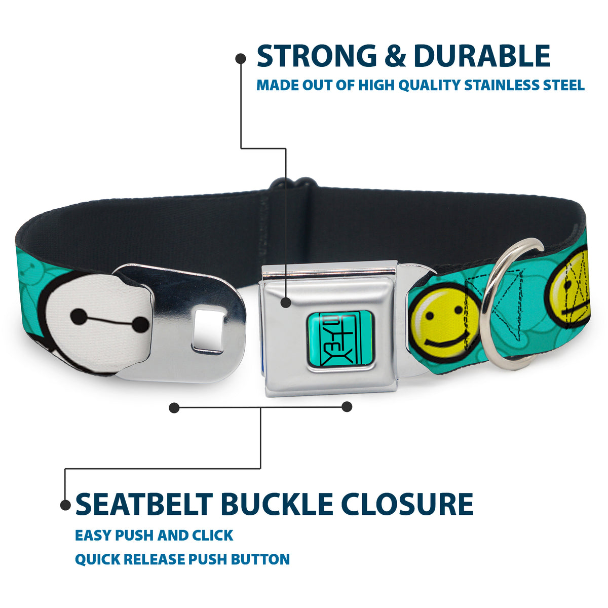 BAYMAX Hanko Full Color Turquoise Black Seatbelt Buckle Collar - Baymax/Mood Expressions/Baymax Scattered Turquoise Dog Collars Seatbelt Buckle Disney