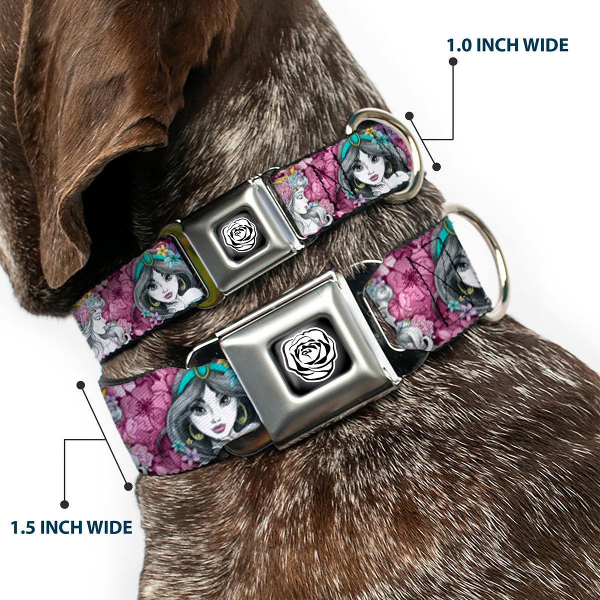 Princess Rose Full Color Grays/White/Black Seatbelt Buckle Collar - Princess Sketch Poses/Floral Collage Pinks/Grays Dog Collars Seatbelt Buckle Disney