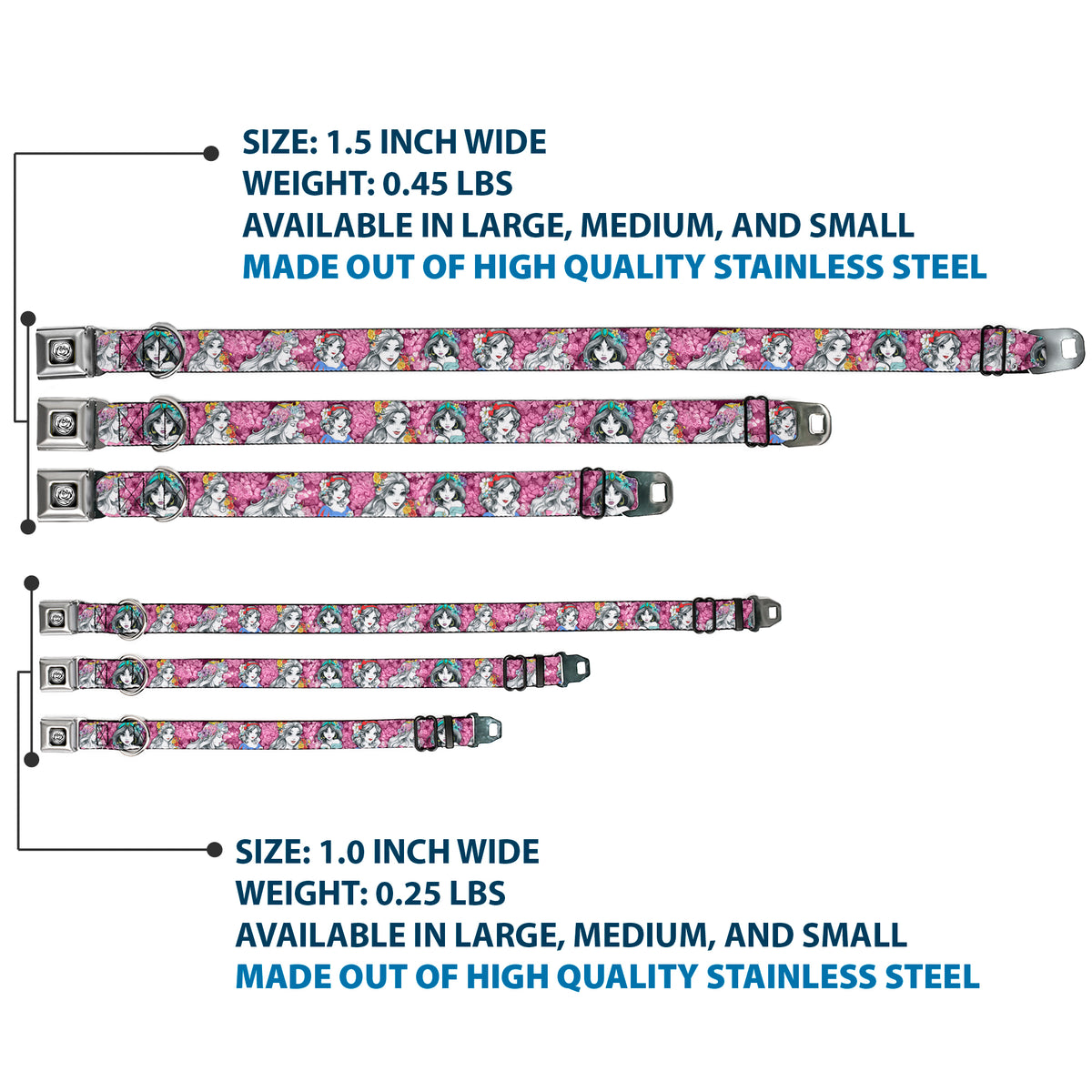 Princess Rose Full Color Grays/White/Black Seatbelt Buckle Collar - Princess Sketch Poses/Floral Collage Pinks/Grays Dog Collars Seatbelt Buckle Disney